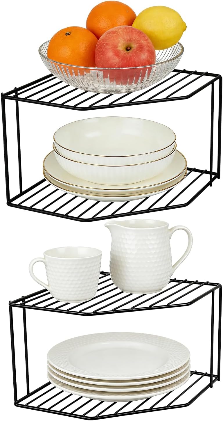 2Pcs 2-Tier Corner Stackable Organizer Shelf - Cabinet Storage Shelf Rack, Shelves，Kitchen Counter and Cabinet Shelf, Storage Rack Organizer for Kitchen(White)