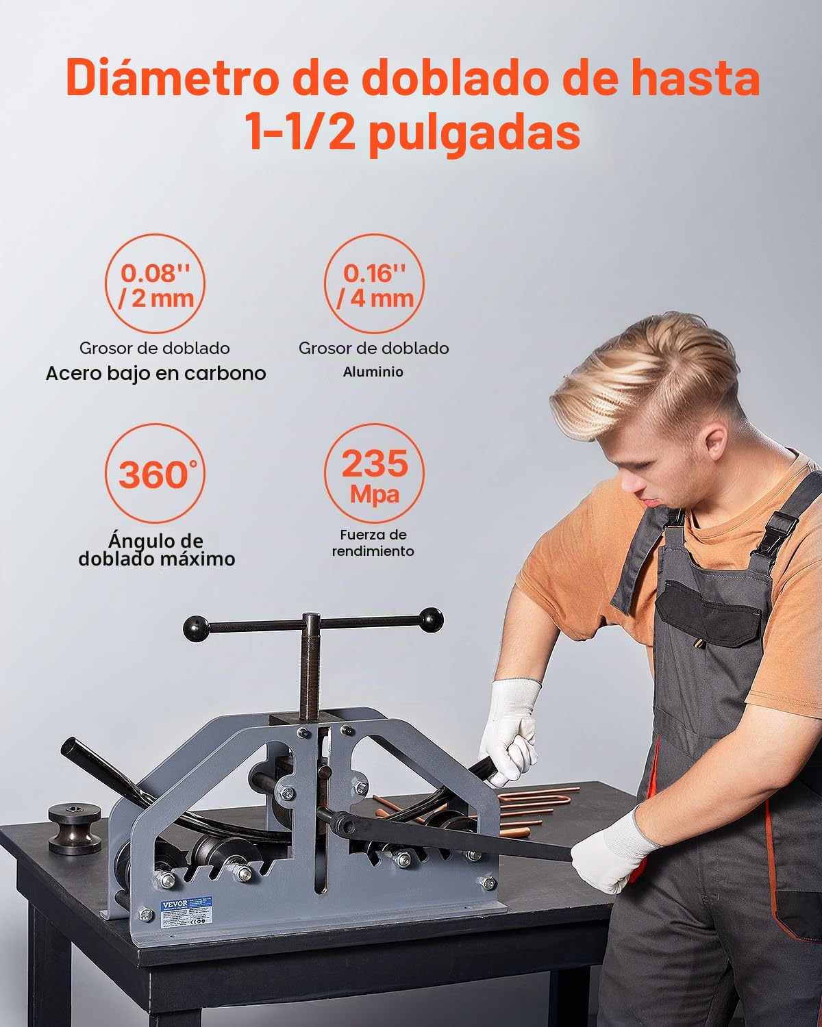 VEVOR Dobladora de Tubos Manual 1-1/2" 6 Troqueles Herramienta para Doblar Tubos de Aluminio Cobre de 360° para Tubos Cuadrados, Redondos, Barras Planas para Aire Acondicionado, Reparación de Autos