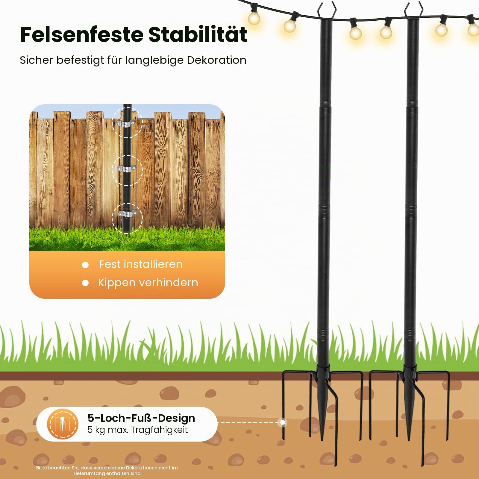 4er Set Lichterkette Pfosten Garten, 3m Metallstangen mit Haken, Außen Lichterketten Ständer mit U-förmiger Gabel und Bodenspieß, für Patio, Terrasse, Hof Dekoration