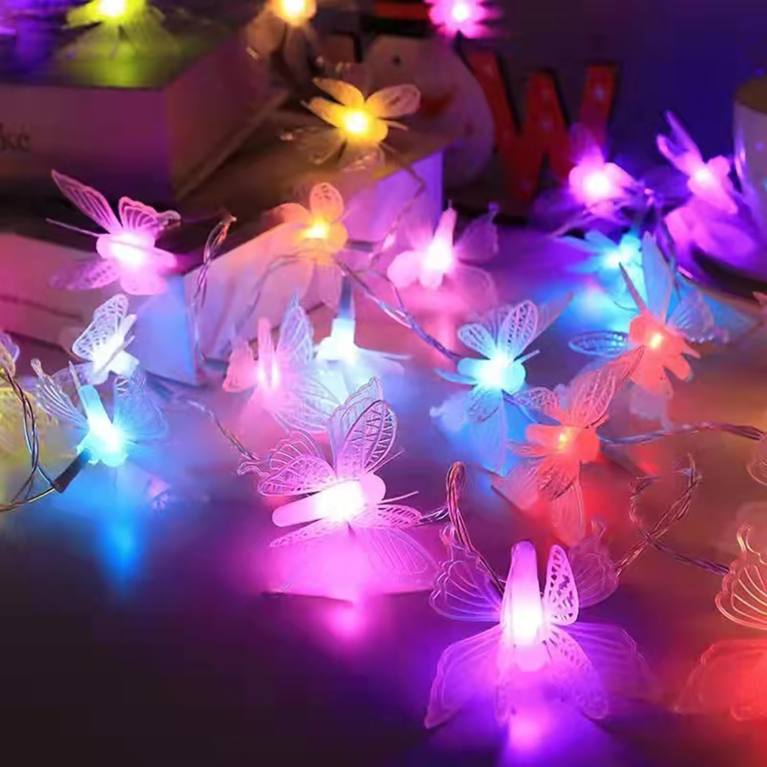 Guirnalda de Mariposas, Luces de Hada a Pilas IP65 Impermeables para Interiores y Exteriores, Jardín, Hogar, Fiestas, Cumpleaños, Bodas y Navidad (colorido, 80)
