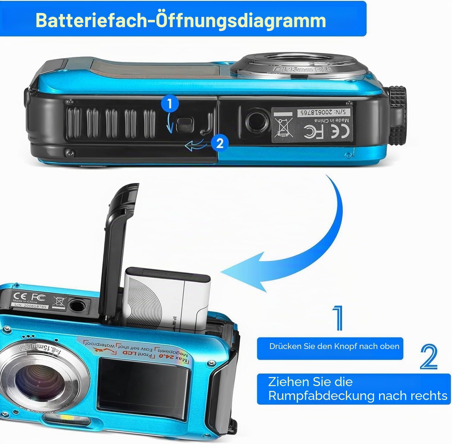 Unterwasserkamera, wasserdicht, Full HD 2,7 K, 24 MP, Digitalzoom, 16-fache Kamera, mit Doppelbildschirm, für Jugendliche, Schüler, Anfänger, Blau