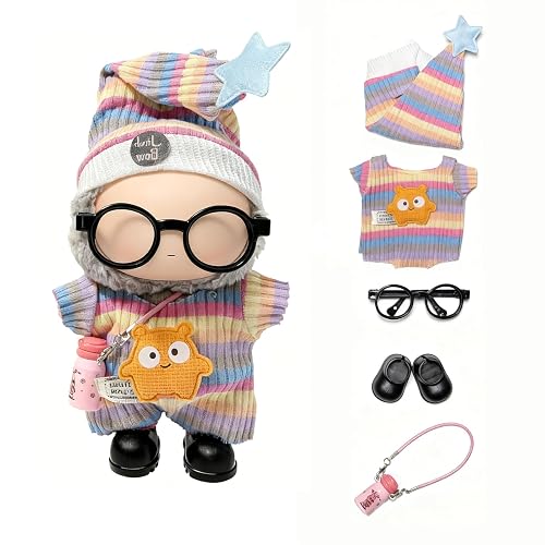 17cm Doll Clothes Set with Glasses Shoes Bottle Accessories, Cute Dress Up Outfits for Labubu Doll Decoration Collection (Rainbow Set) - Rainbow Set