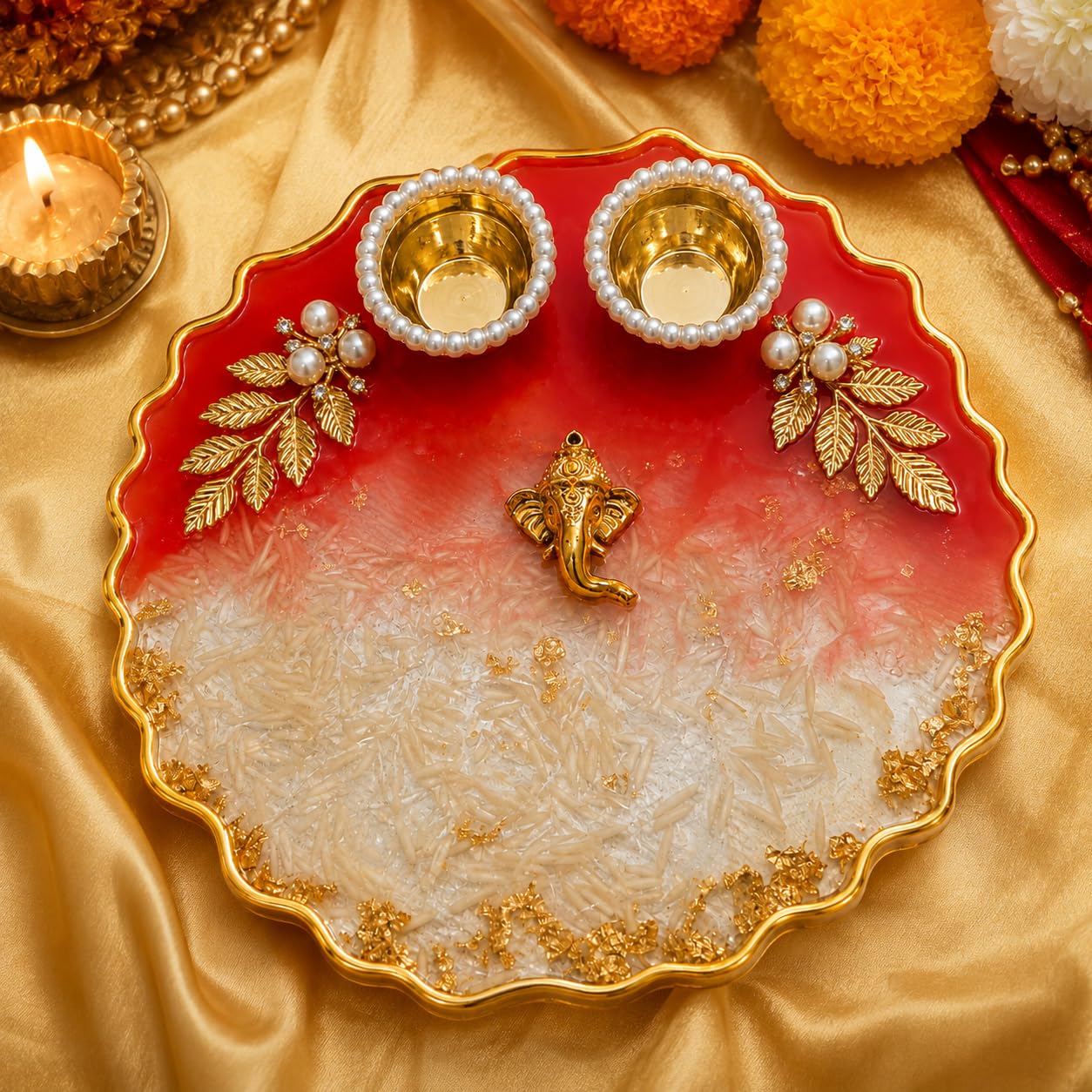 Premium Resin Rakhi Pooja Thali with Roli Chawal Bowls & Ganesh Charm | 15 cm Decorative Pooja Thali for Raksha Bandhan, Aarti & Festive Rituals-image-43