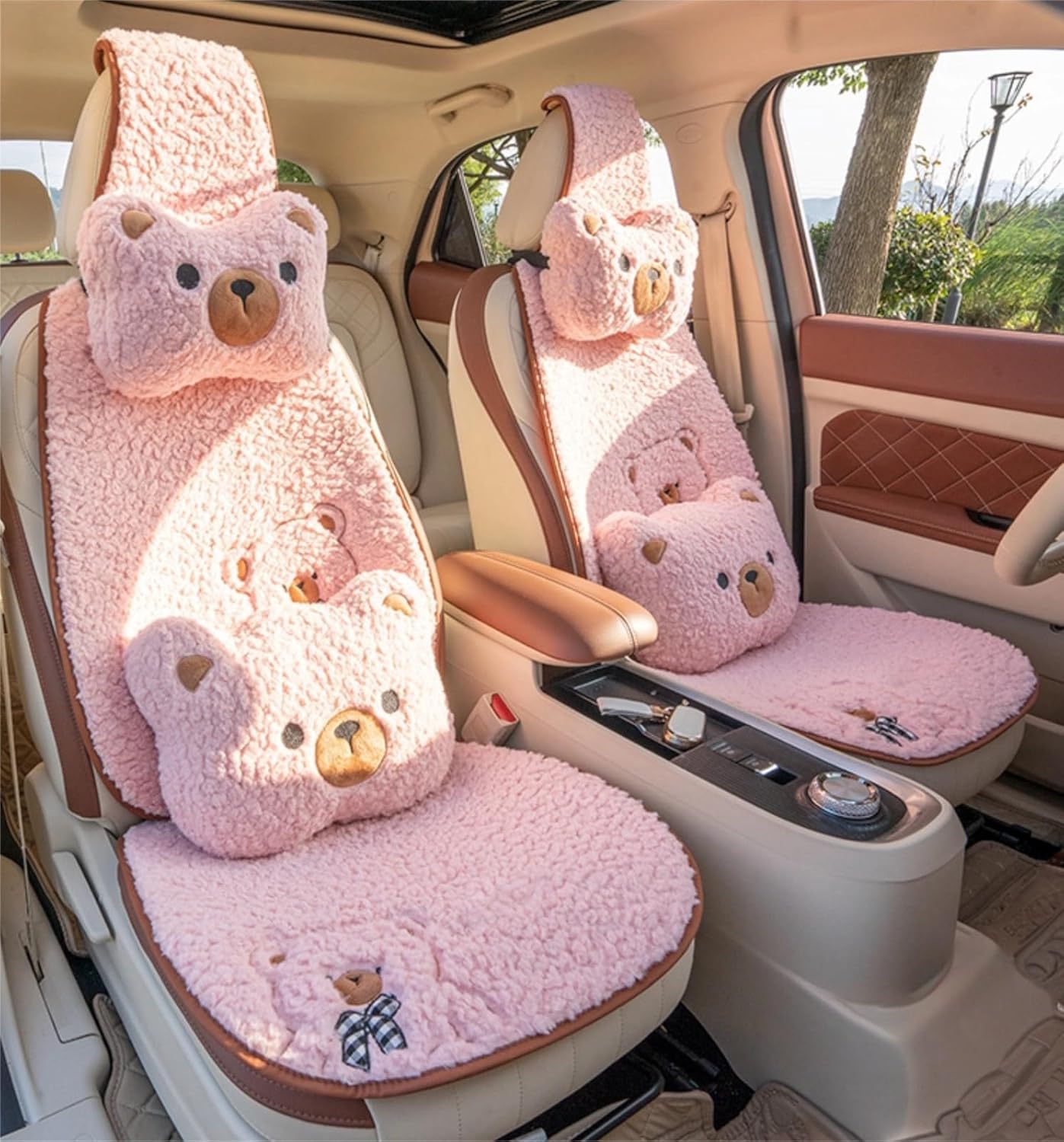 Fluffy Cute Cartoon Bear Car Seat Cushions Covers,Anti-Slip Universal Kawaii Car Seat Pads 15PCS Set for 5 Seats,Winter Warm Automotive Interior Accessories for Cars SUV Pickups (Pink)