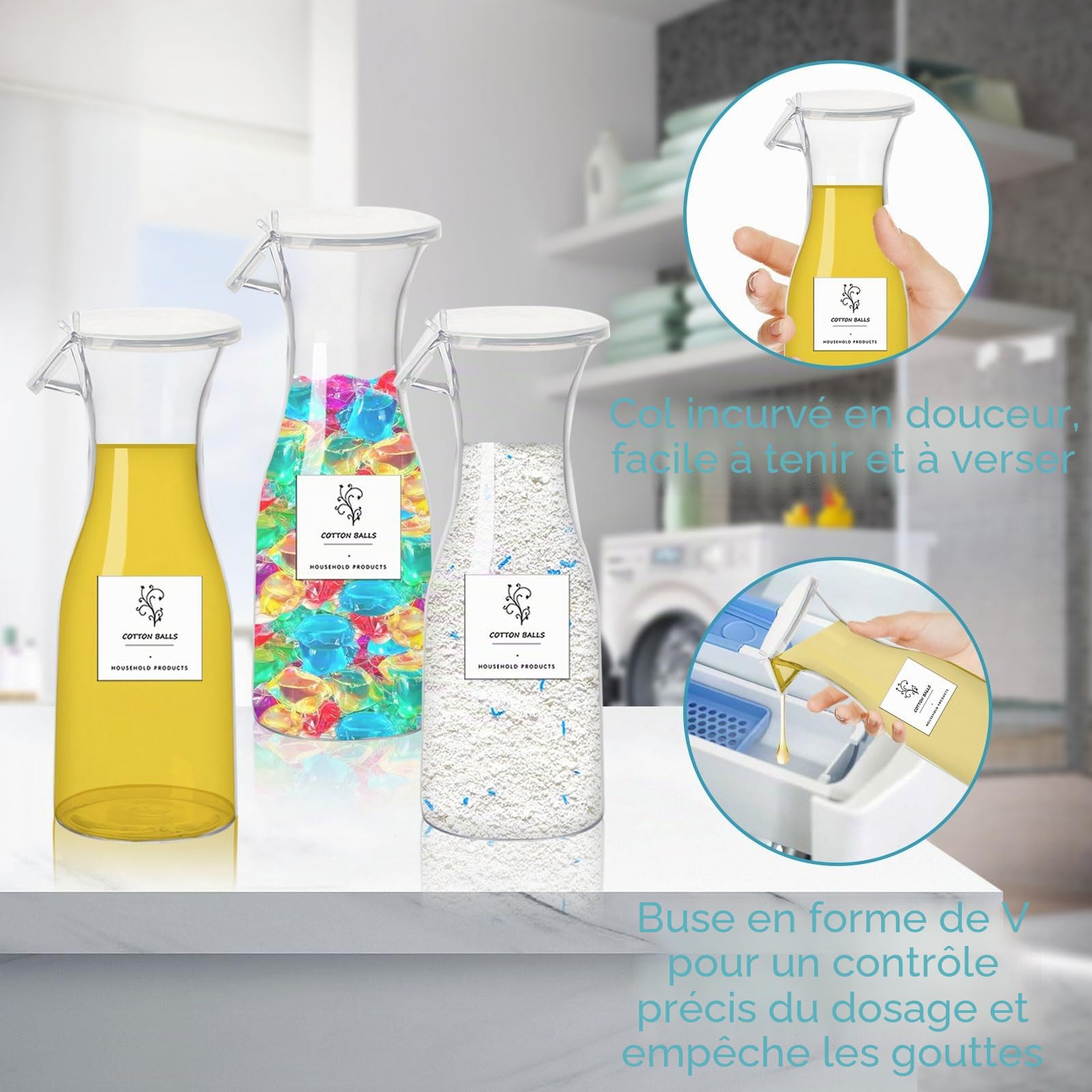 3 Pièces Distributeur Lessive Liquide, 568ml Distributeur de Lessive avec Couvercle et Étiquettes, Rangement Lessive Scellé en Plastique Réutilisable Laundry Detergent Dispenser pour Poudre
