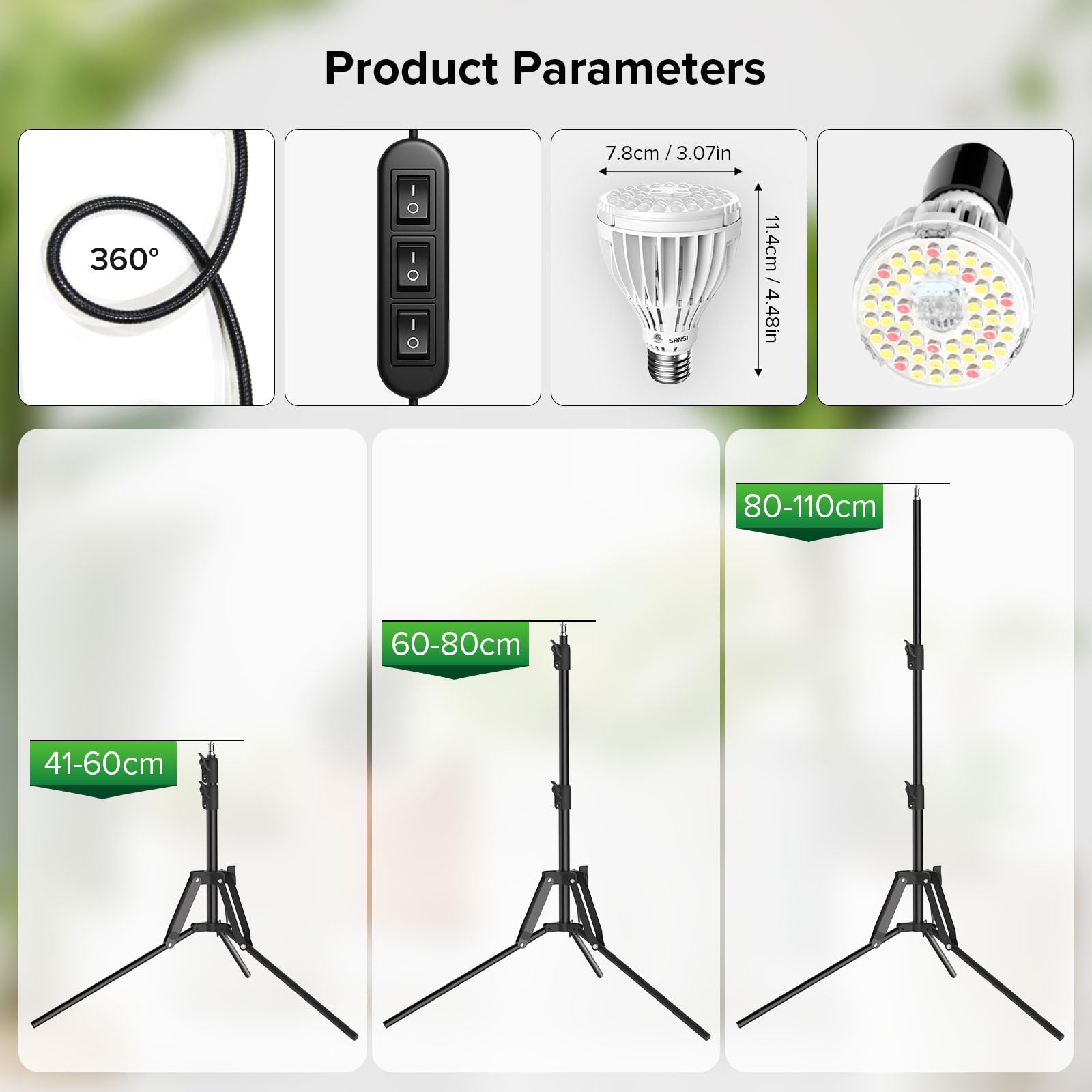 SANSI 90W LED Pflanzenlampe mit verstellbarem Stativständer, 700W Äquivalent Vollspektrum Grow Lampe für Zimmerpflanzen, 360° Schwanenhals mit 3 Ersatzbaren E27 30W Pflanzenlicht für Pflanzenwachstum
