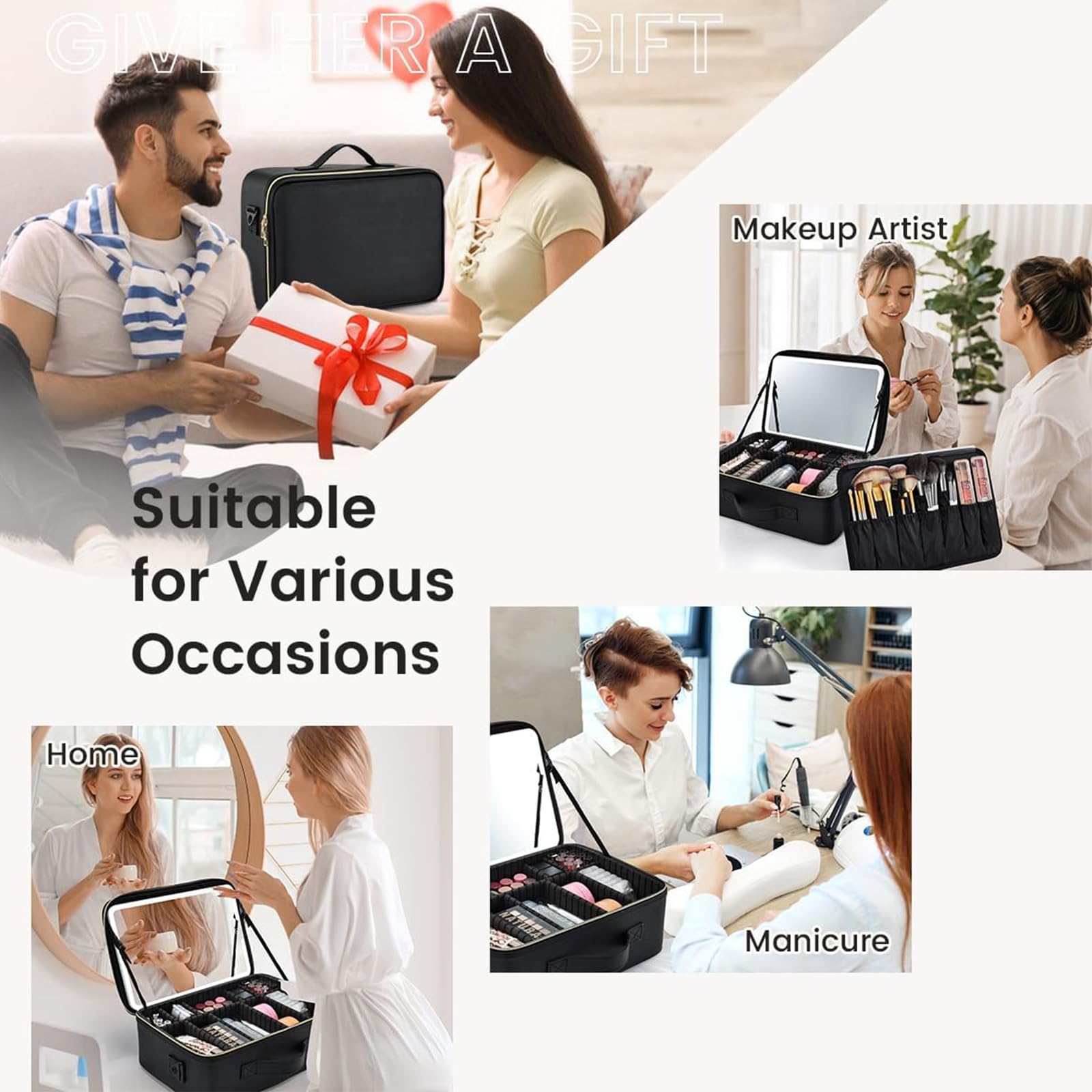 Bolsa de maquillaje de viaje con espejo, estuche organizador de maquillaje con compartimento ajustable, Black, Large Szie