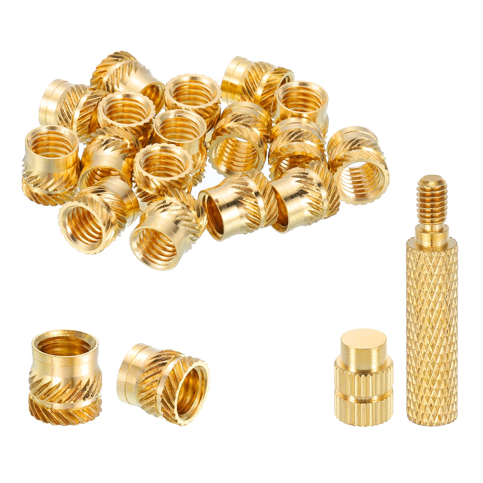 sourcing map 20 Pcs Threaded Inserts with Soldering Iron Tip Press Tool, M8 x 10mm H x 10mm OD Brass Metric Knurled Nuts Heat Set Inserts Embedment Nut for 3D Printing Plastic Parts