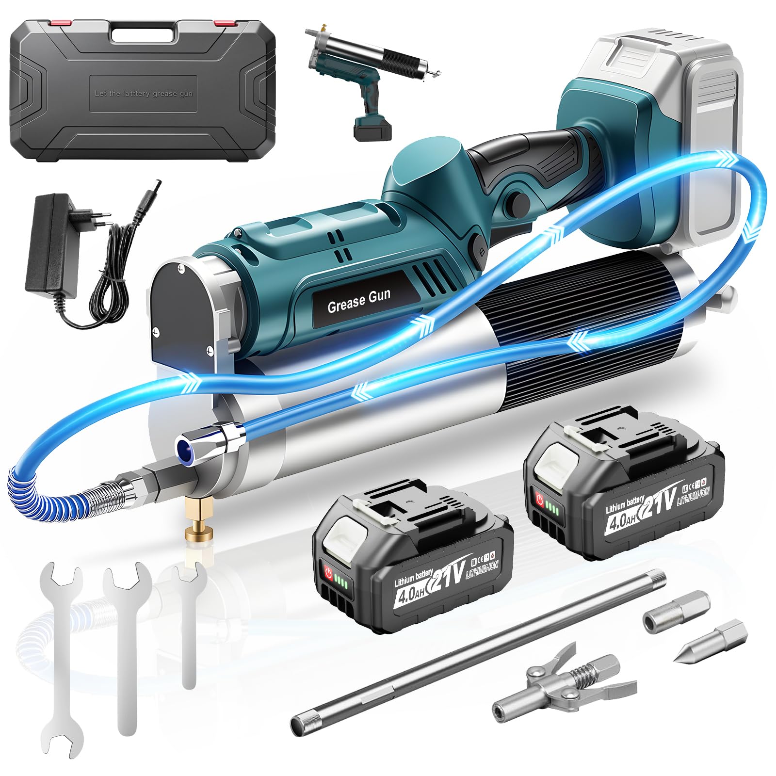 Yofuly 12000PSI Engrasadora Batería Compatible con Makita 18V Baterías, 2 en 1 Pistola Engrasar Eléctrica 5,3oz/min con 2 Baterías de 4,0Ah |Luz LED,Manguera de 1m y 3 Boquilla para Maquinaria Pesada