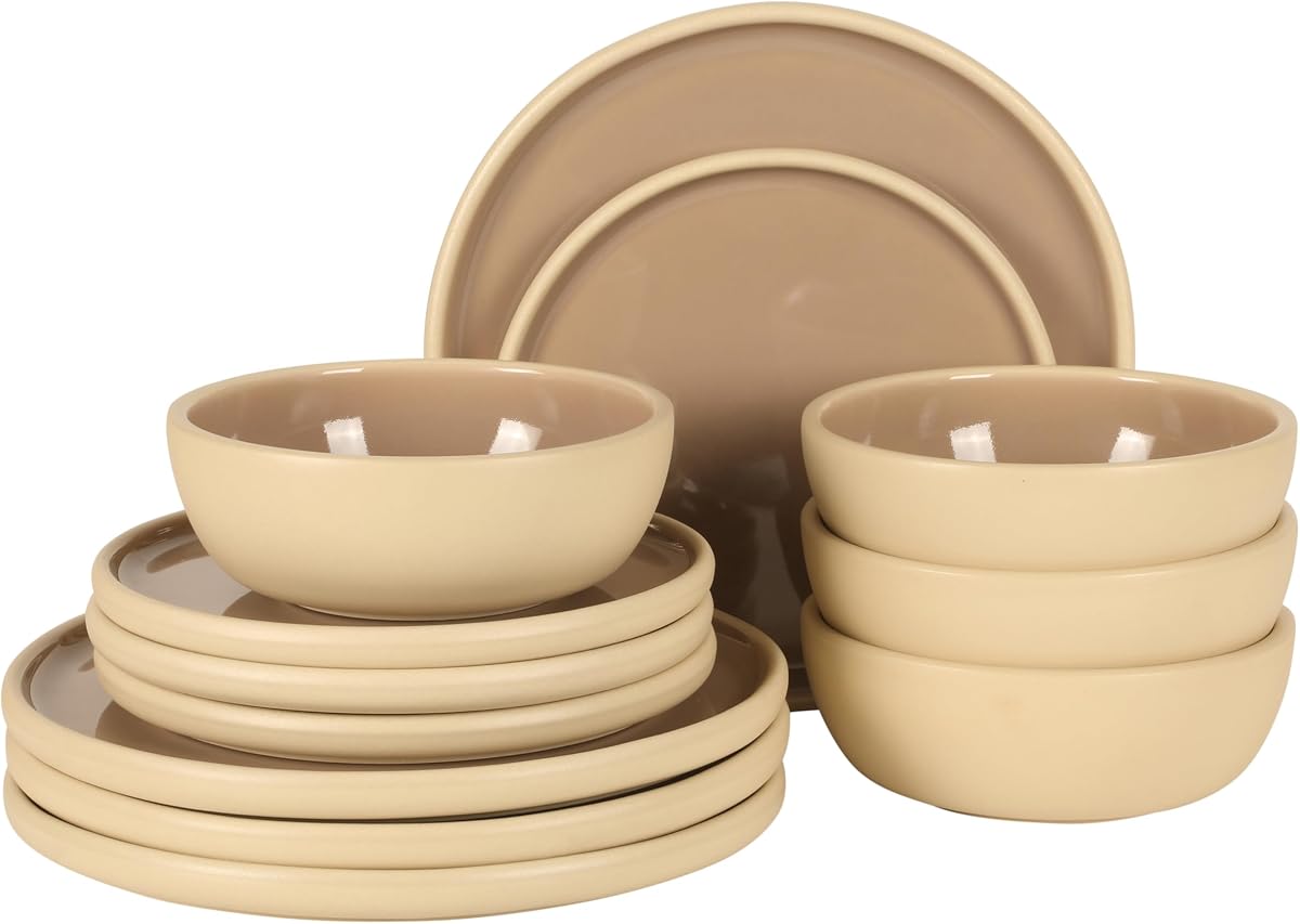 Made in Portugal - Port Gaia 12 Piece (Service for 4) Plates and Bowls Reactive Glaze Dishes Stoneware Ceramic Dinnerware Set - Taupe