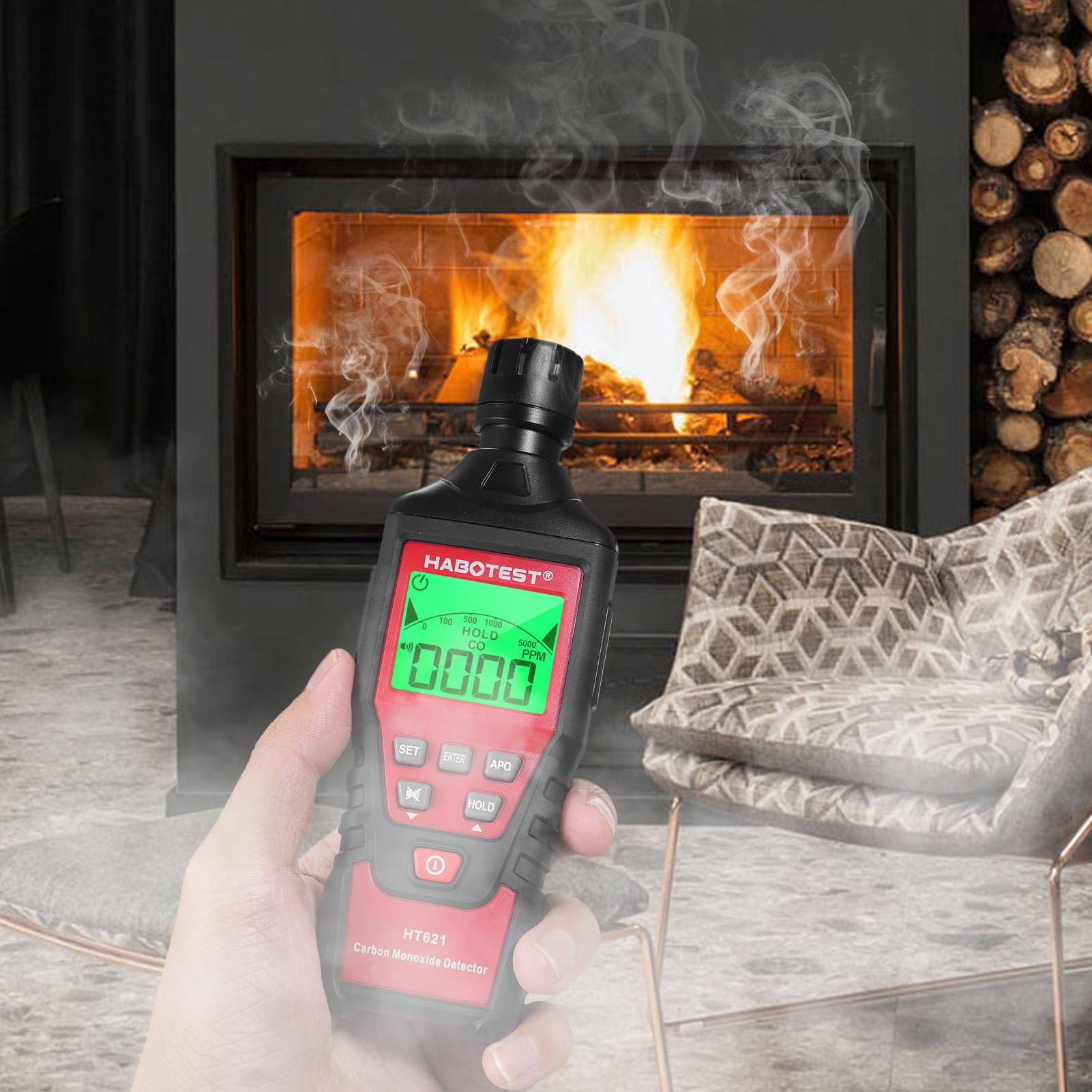 HABOTEST HT621 Detector portátil de monóxido de Carbono - Detector de CO portátil con Sensor electroquímico Rango de 0 a 5000 PPM - Pantalla LCD retroiluminada Alarmas sonoras y