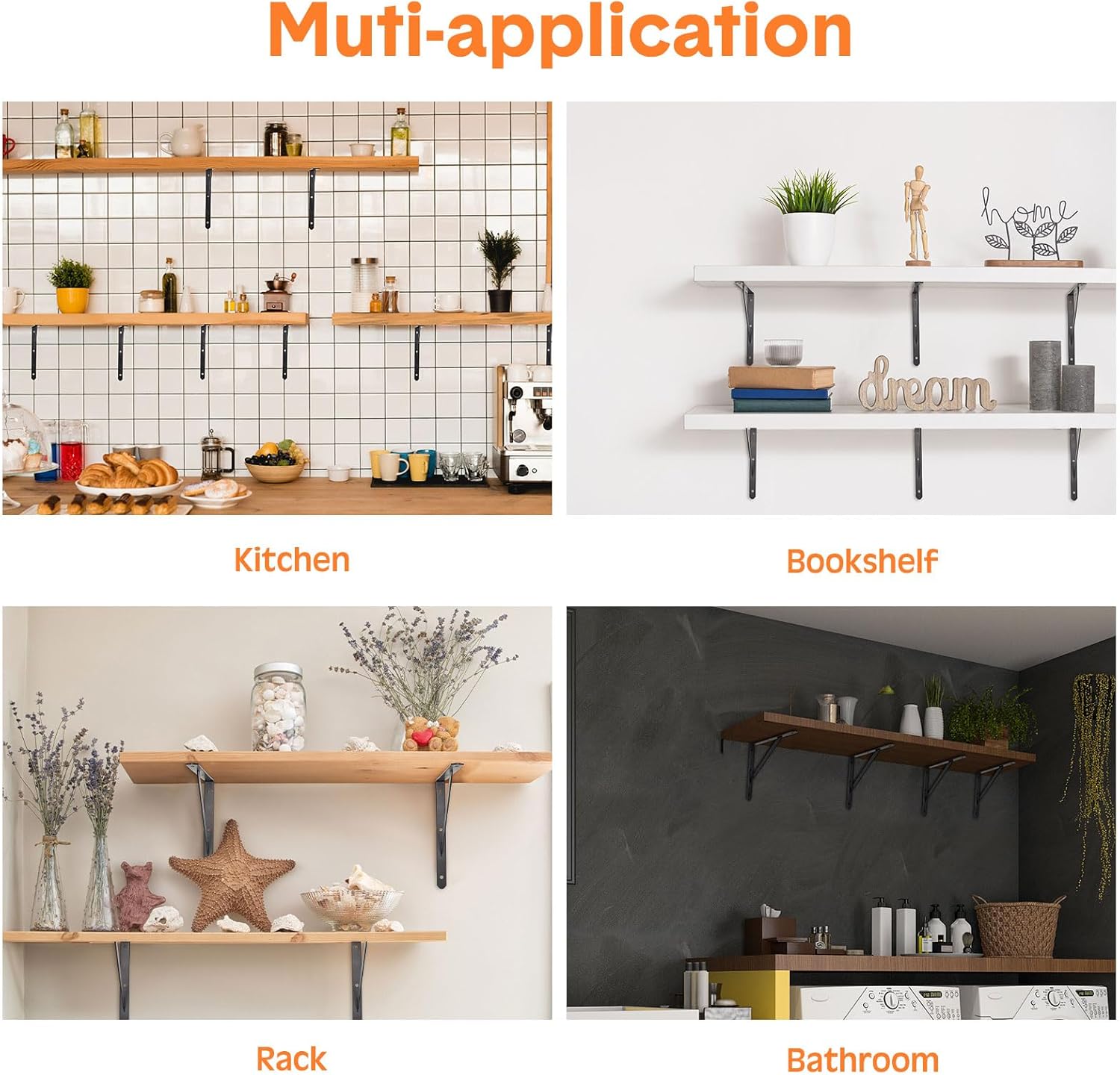 Nuogo 40 Pack Heavy Duty Shelf Brackets Bulk Metal Floating Shelving Support Wall Mounted 90 Degree Triangle Corner L Brackets for Garage with Hardware, Black (6 Inch)