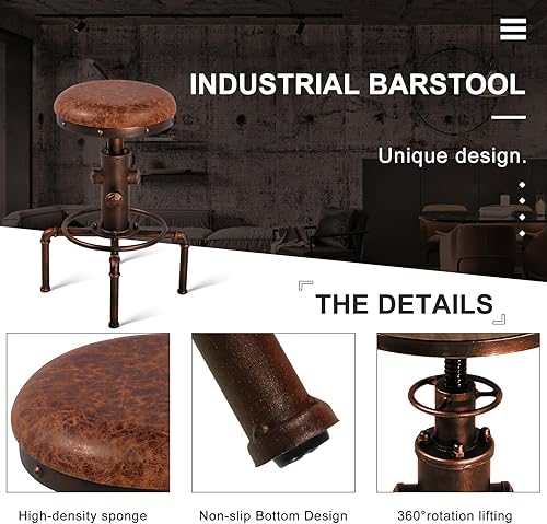 Miniatura 6 de Topower Taburete de bar industrial vintage antiguo de piel sintética, diseño de boca de incendios, café, café, industrial, juego de 2, bronce rojo