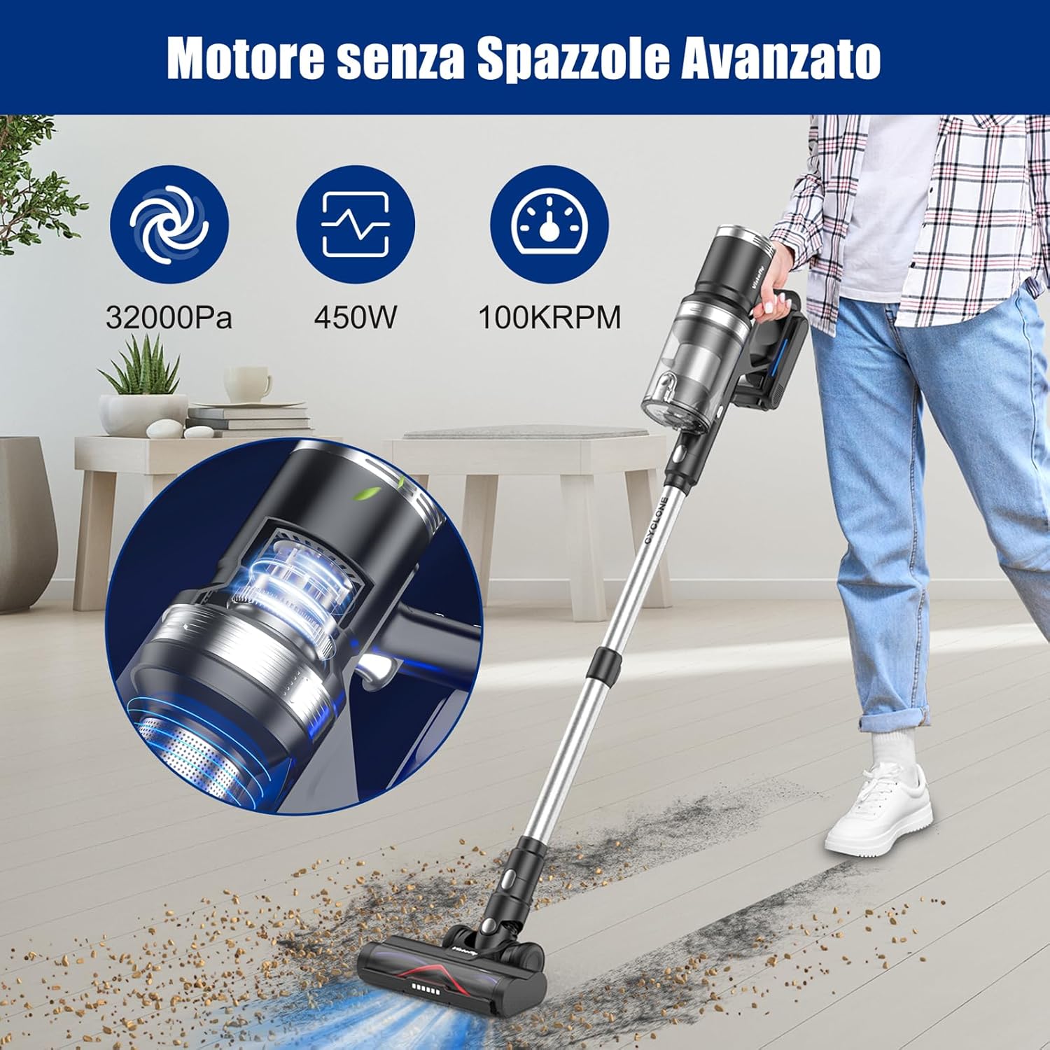 Vistefly V12 Pro Aspirapolvere senza Fili, Scopa Elettrica senza Fili Potente 450W 32Kpa 6 in 1 con Touchscreen, Autonomia Fino 60 Min per Pavimento Tappeti Parquette, Argento