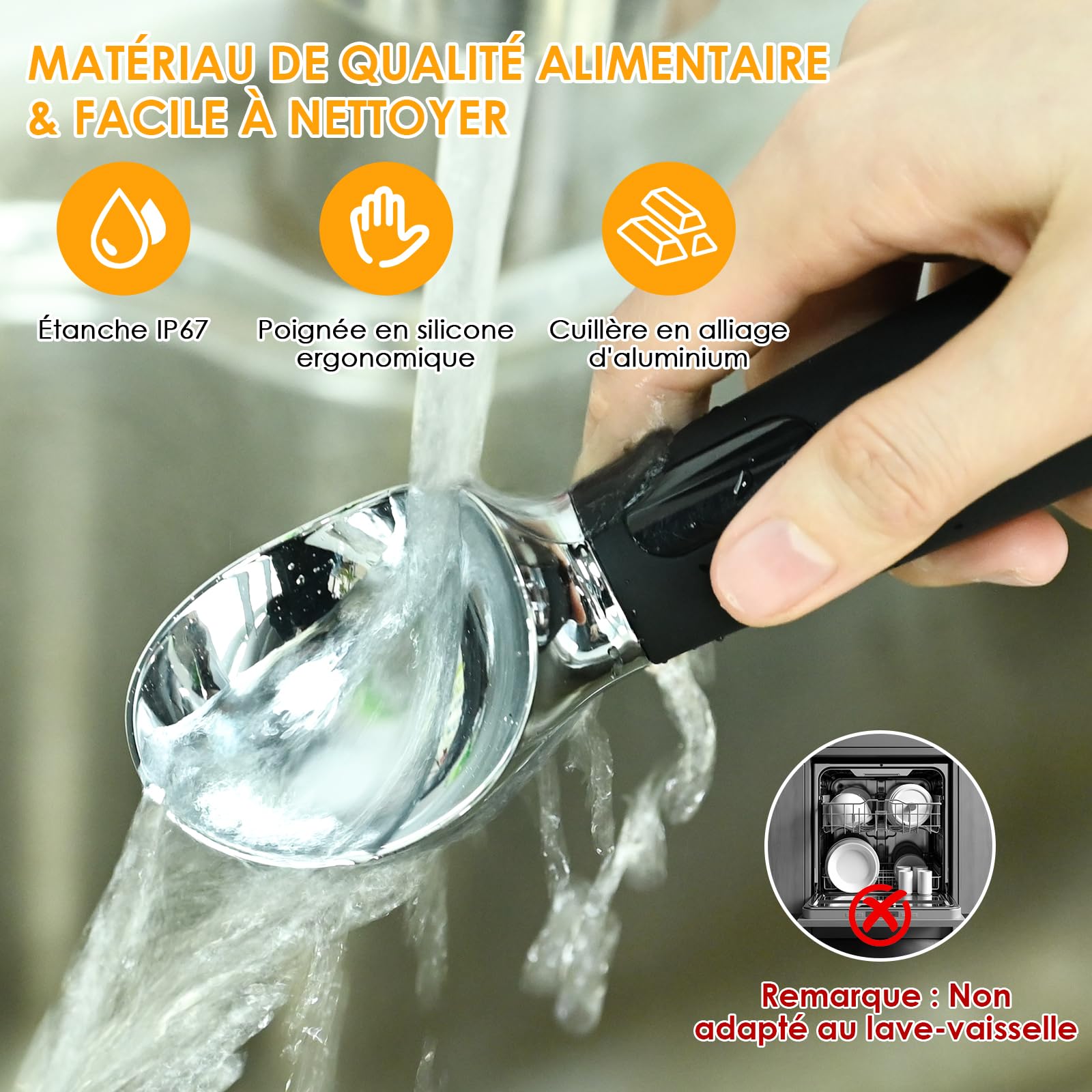 Cuillère à Glace, Boule à Glace Électrique Chauffante avec 3 Positions de Chauffage, Rechargeable, Étanchéité IPX7, Portionneur de Boules de Glace Antiadhésif, Ice Ball Scoop pour Glace Dure