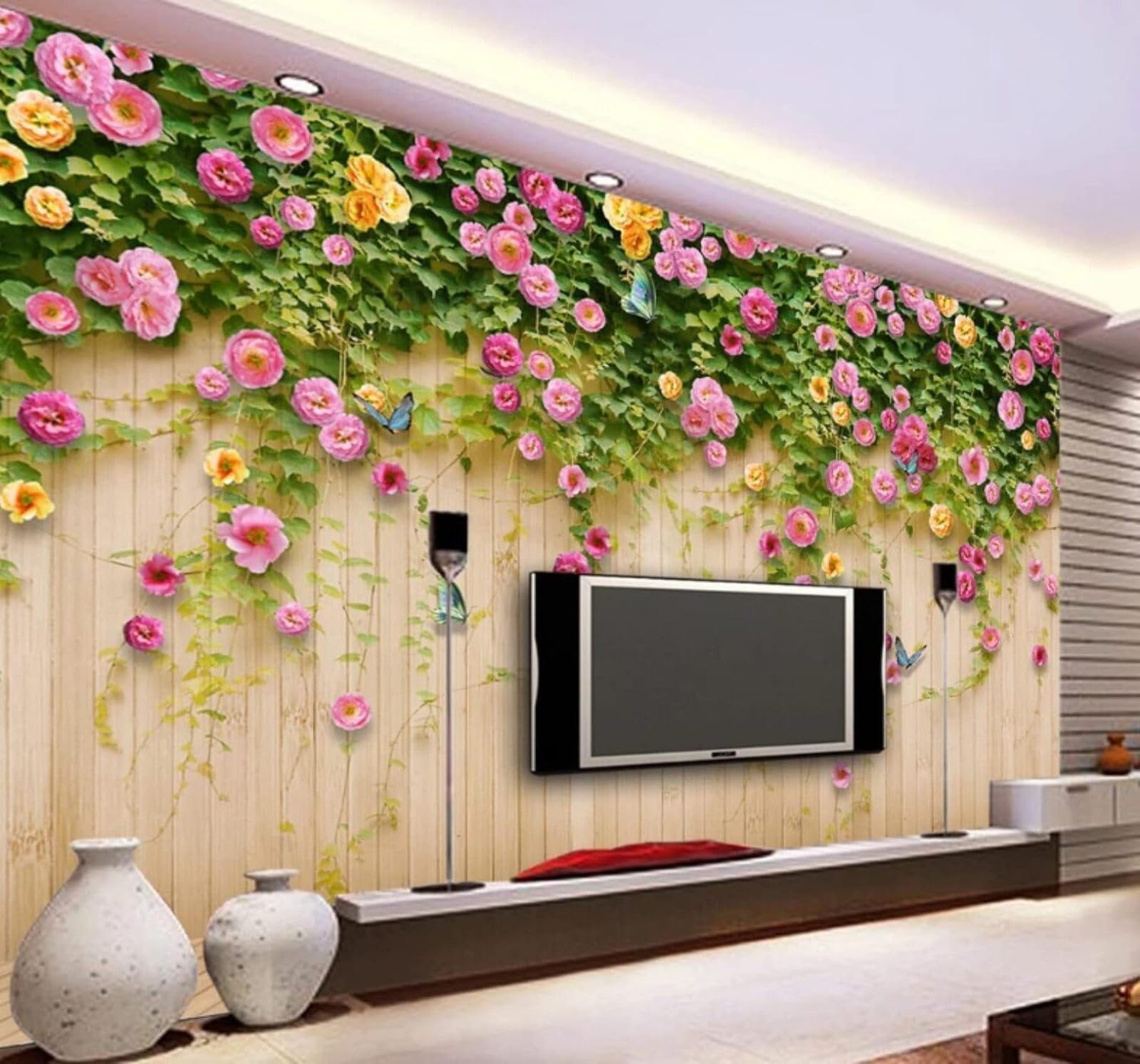 XLMING Green Vines Butterflies Roses Wood Grain 3D Wallpaper Luxury Silk Study Dining Feature Sofa Grey Bedroom Living Room Tv Decorative Wall-350cm×256cm