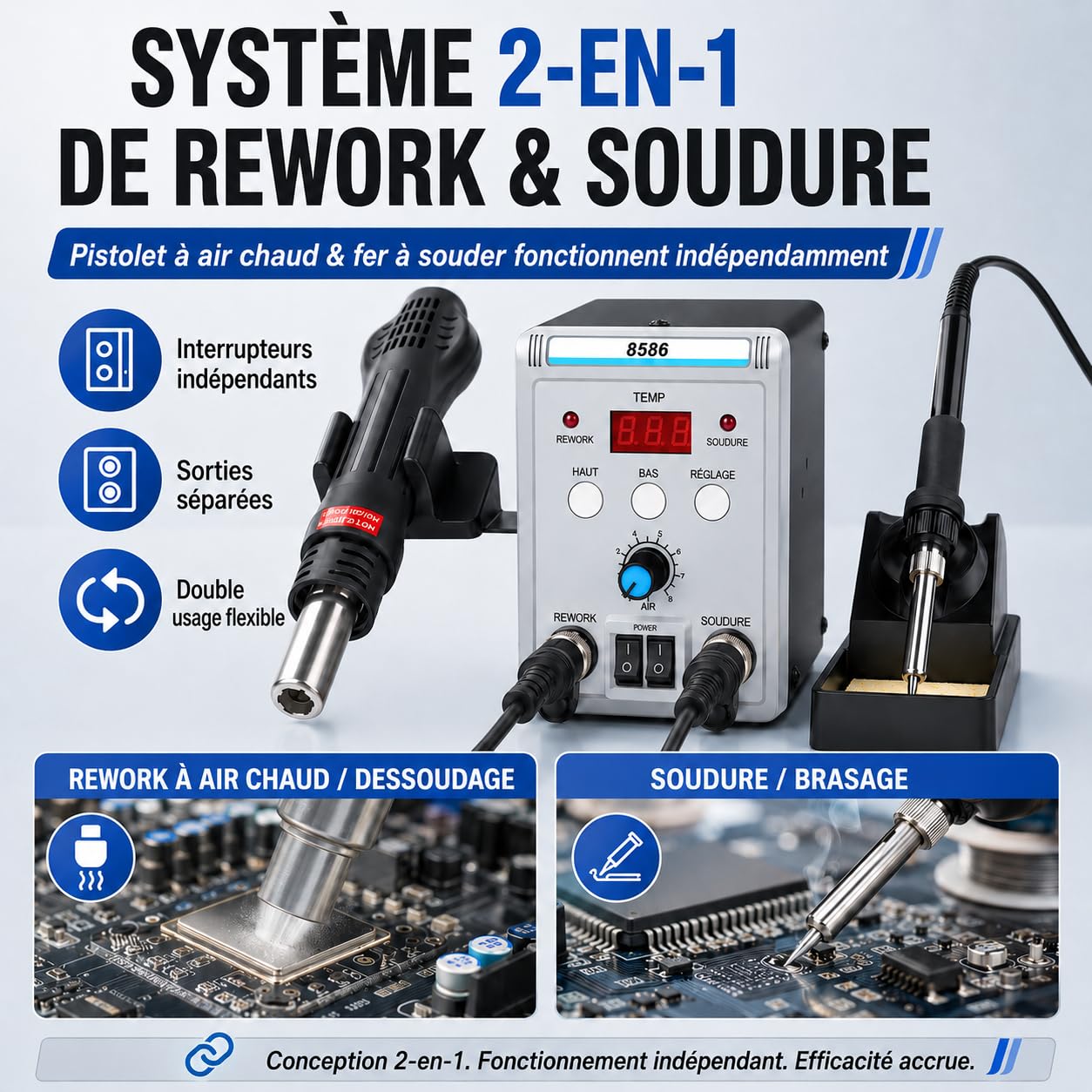 VOBOR 2 en 1 Station de Soudage, 700W Station Soudure et de Fer à Souder à Air Chaud, 200~500°C Température Réglable, Affichage LED Numérique, Kit Soudure pour Bricolage Électronique de Réparation