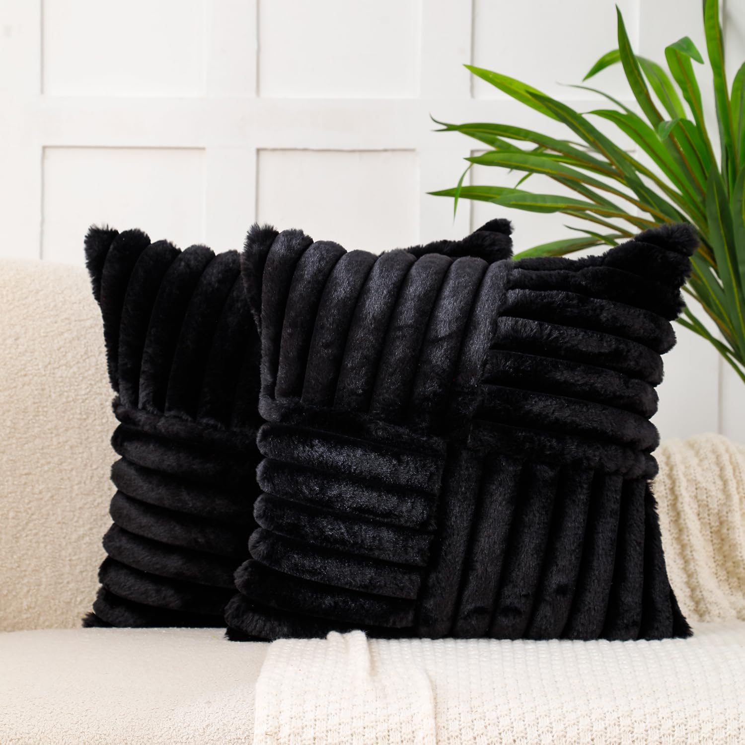 All Smiles Couch Decorative Throw Pillow Covers 22X22 Set of 2 Faux Fur Plush Soft Fluffy Lumbar Cushion Case Cozy Fuzzy Striped Pillowcase Home Decor for Sofa Living Room Bedroom,Black