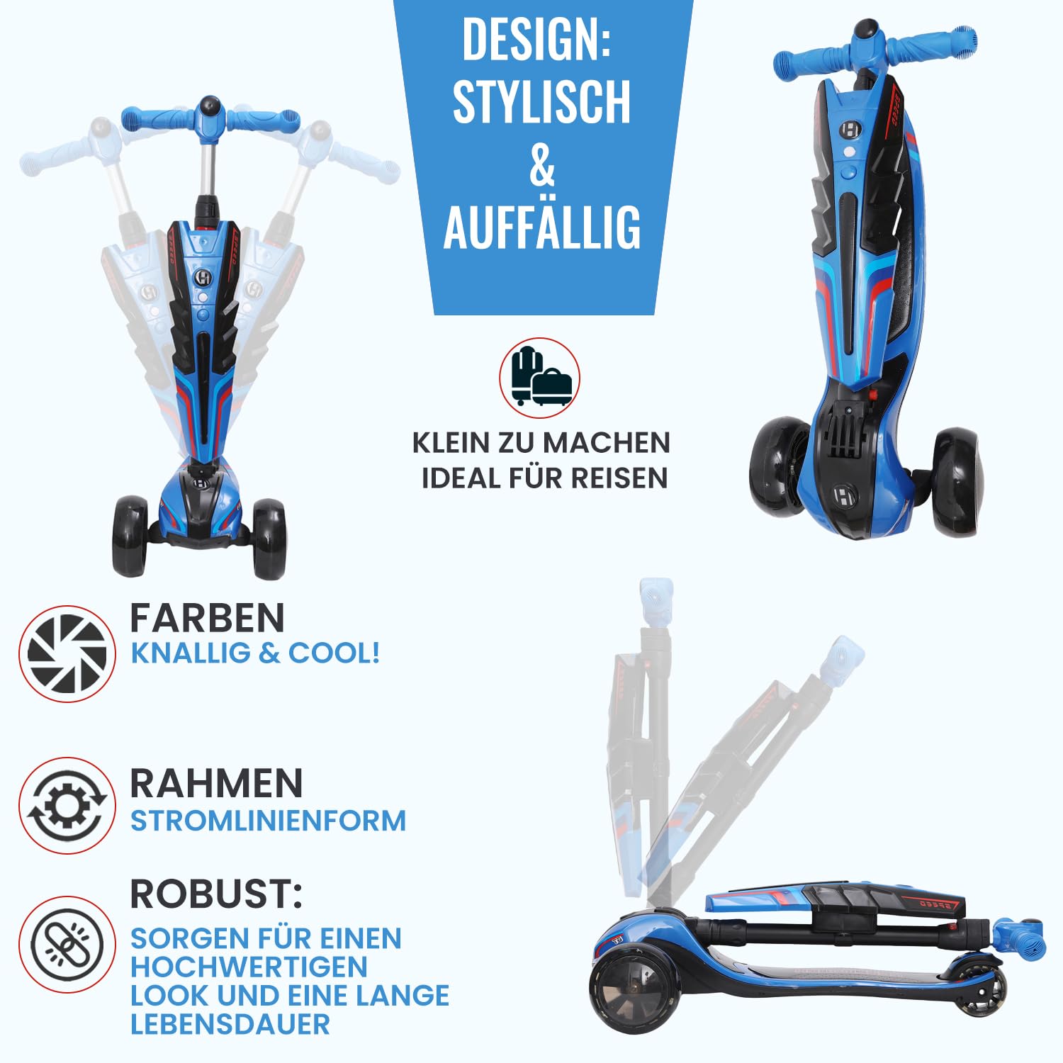 Habib Kinderroller LED Leuchträder, 3 Rad Tretroller - Klappbar, Höhenverstellbar, Mädchen & Jungen, Scooter 3-12 Jahre, bis 50kg