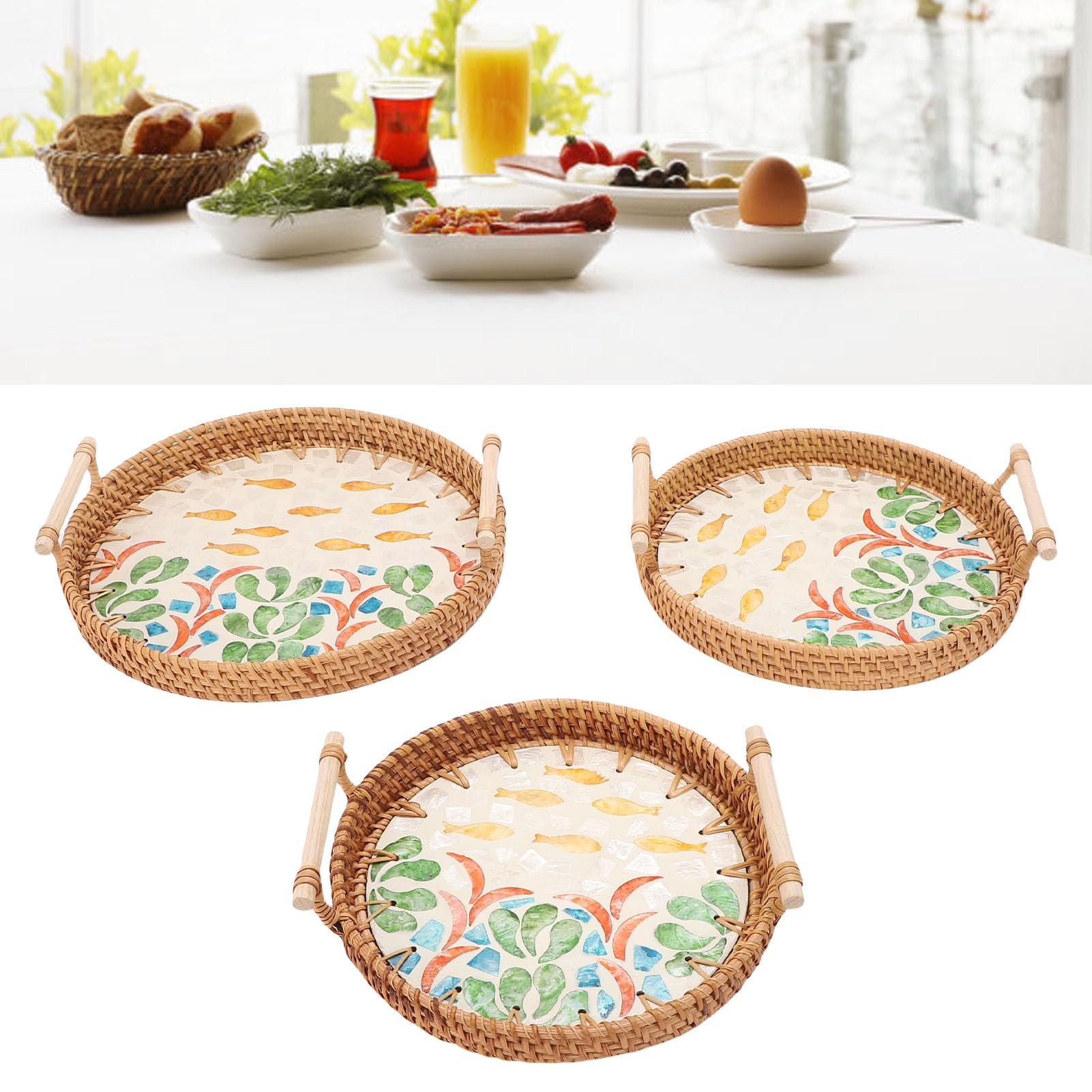 Domary Multi Purpose Rattan Tray Round 3 Pcs Woven Serving Baskets with