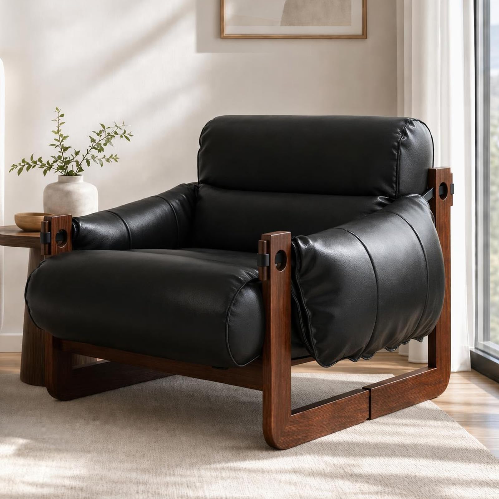 Oil-wax Leather Reading Chair for Living Room, Bedroom, Black