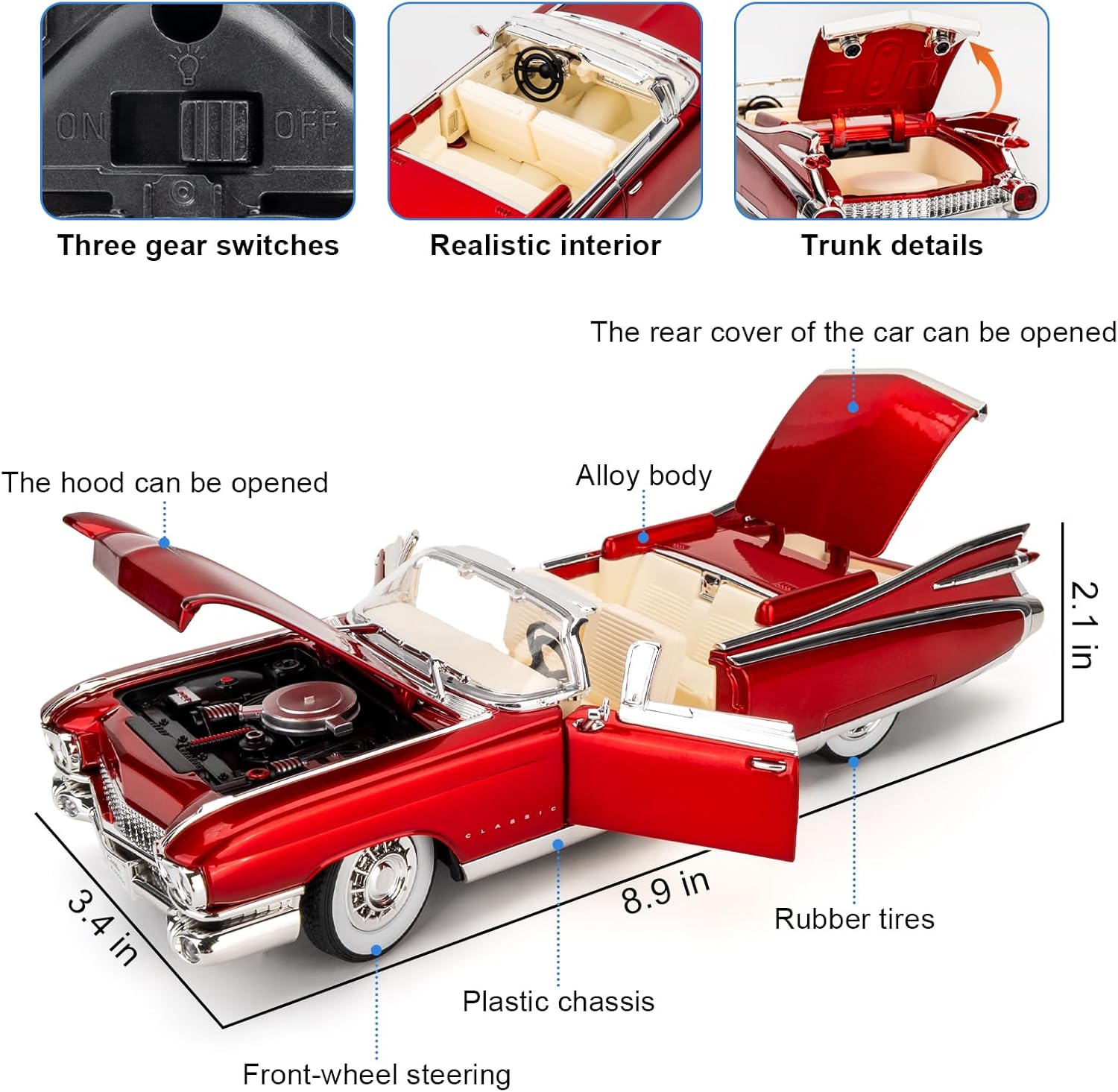 BDTCTK 1/24 Comapatible for Cadillac Eldorado Biarritz Series 62 Model Cars Toy, Zinc Alloy Diecast Pull Back Toy Cars with Sounds and Lights Vehicles for Kids Boy Girl Gift (red)