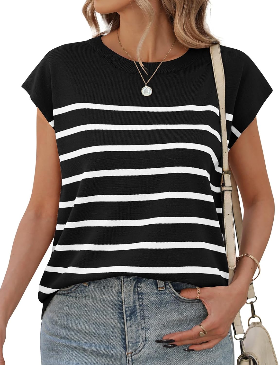 UMIPUBO Women’s T-Shirt Cap Sleeves Striped Ladies Tops Summer Round Neck Casual Basic Tees Shirts