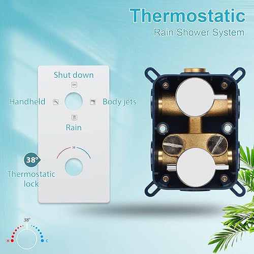 Miniatura 4 de Sistema de ducha termostática, sistema de ducha cuadrado de lujo, sistema de ducha de lluvia LED de 12 pulgadas, montaje en techo con chorros de