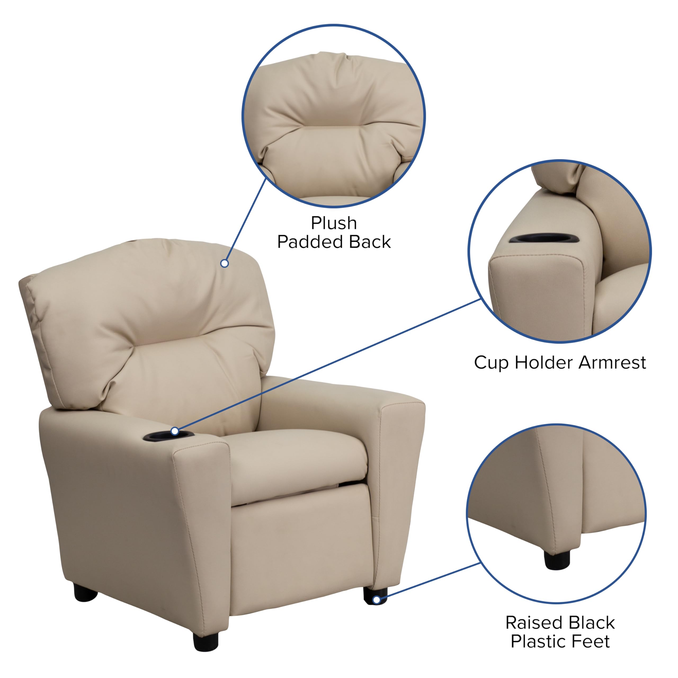 Flash Furniture Współczesny leżak dziecięcy z uchwytem na kubki, drewno, beżowy winyl, 66,04 x 53,34 x 53,34 cm