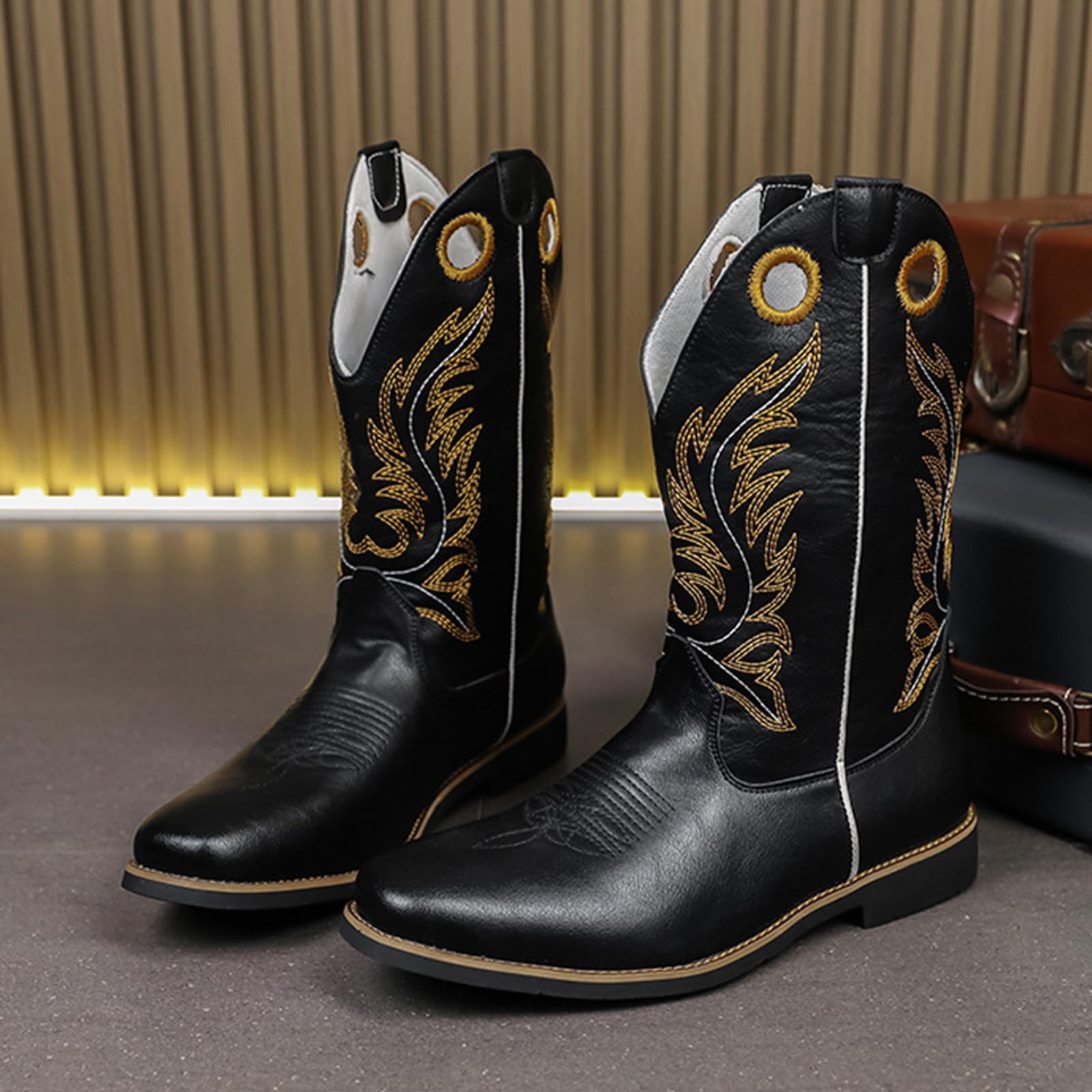 Stivali da Cowboy da Uomo con Punta Quadrata, Stivali Western Ricamati, Stivale Tradizionale Country con Linguette Infilare
