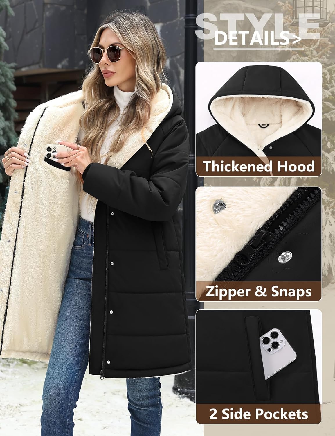 Women Winter Down Coat Fleece Long Warm Jacket Hooded Parka Puffer Coat Padded Fashion Outerwear - Image 2