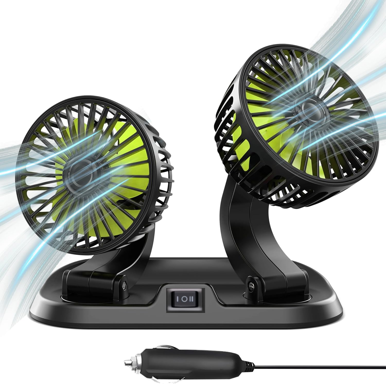 Car Fan 12V - Portable Car Fan, Dual Head Fan for Car with Cigarette Lighter Plug, Vehicle Cooling Fan for Car Truck Van SUV - 360° Rotatable, Low Noise, 2 Speeds