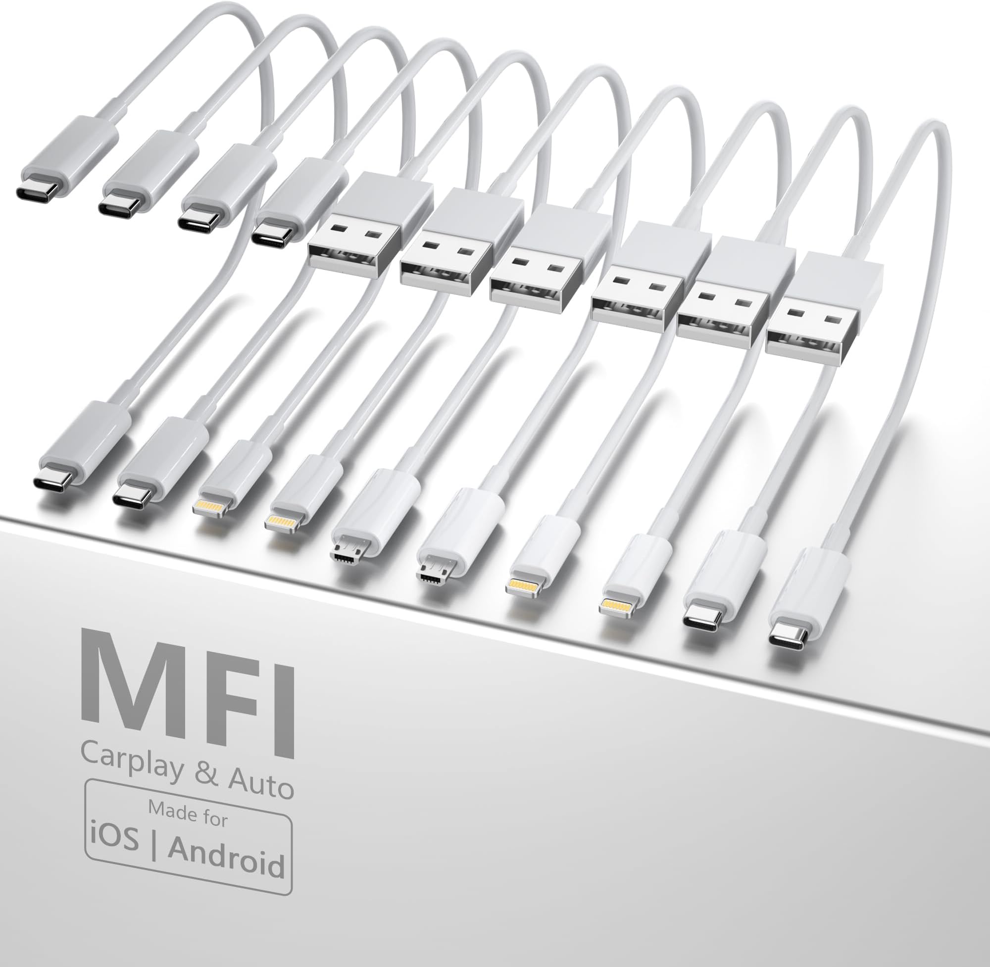 10-Pack 1FT Multi Short Charging Cables, 1FT Short USB C Cables & 1ft Short Lightning Cable & 1-ft Short Micro USB Cable for Charging Stations, Compatible for iPhone, iPad, Samsung, PS, Tablets & More
