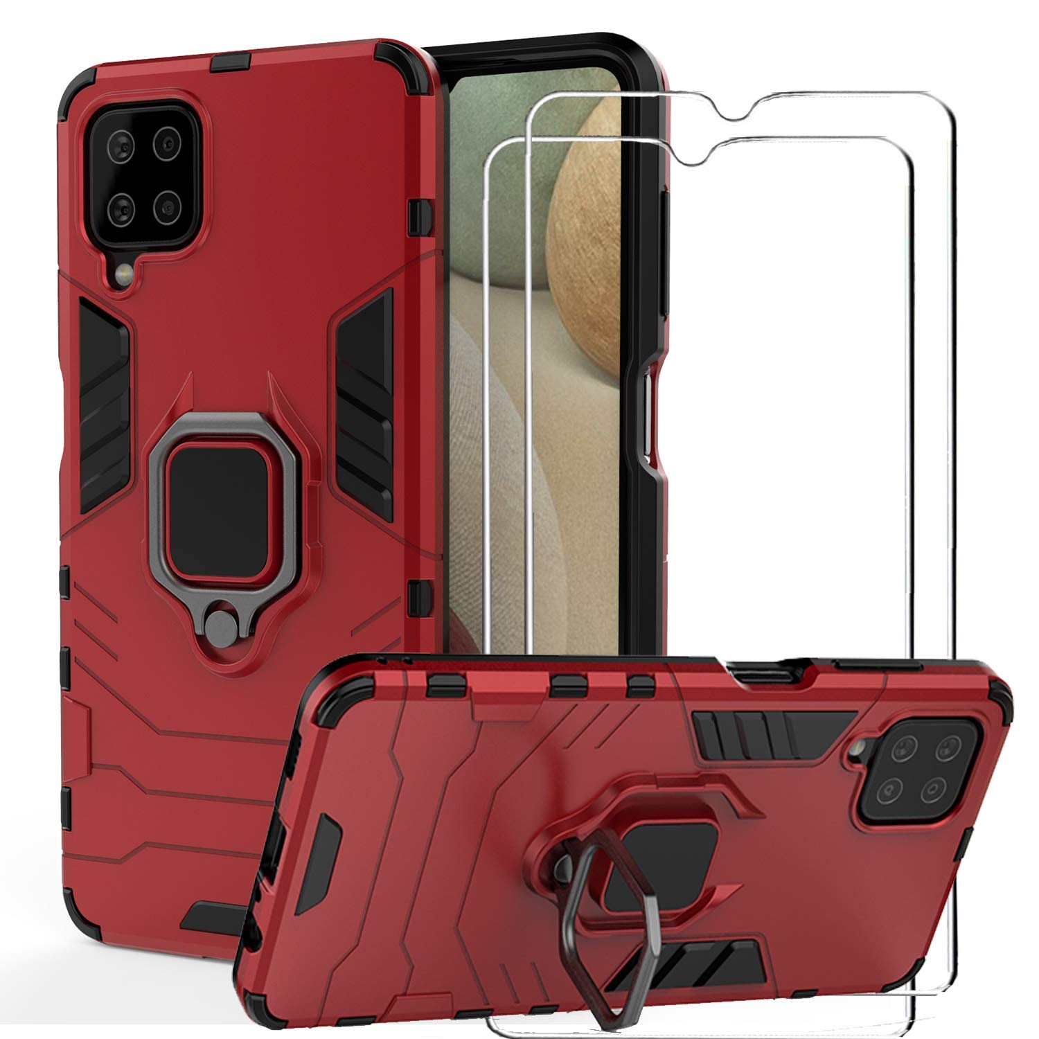 BestShare For Samsung Galaxy A12 5G / A125F Case with Tempered Glass Screen Protector (2 packs), Heavy Duty Armor Defender Anti-Scratch Kickstand Shockproof Cover & Ring Grip, Red