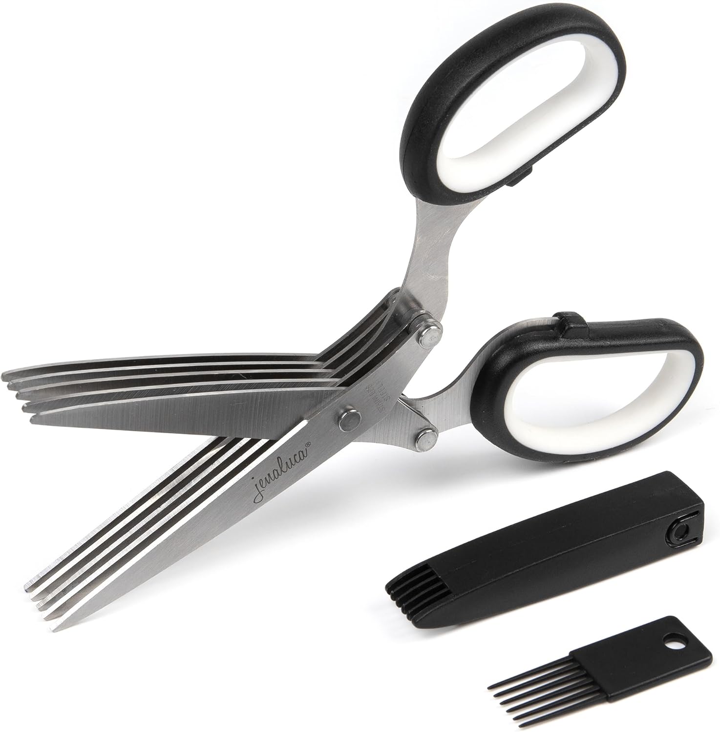 Jenaluca 5 Blade Herb Scissors – Salad Scissors – Cut & Chop Fresh Herbs & Leafy Greens – Stainless Steel Kitchen Shear Set with Cleaning Comb & Safety Cover – Kitchen Gadget – Black Jenaluca 5 Blade Herb Scissors – Salad Scissors – Cut & Chop Fresh Herbs & Leafy Greens – Stainless Steel Kitchen Shear Set with Cleaning Comb & Safety Cover – Kitchen Gadget – Black
