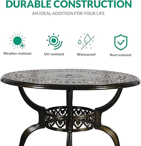 Miniatura 3 de VIVIJASON Mesa de bistró de patio de 38.5 pulgadas, mesa redonda de comedor al aire libre, mesa de aluminio fundido de bronce con agujero para