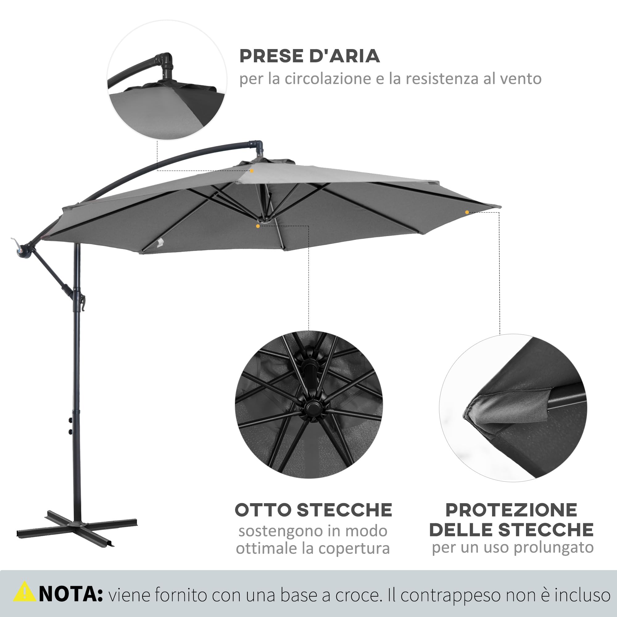 Outsunny Ombrellone da Giardino Ø3x2.5m con Base a Croce Inclinabile | Prese d'Aria, Ombrellone Decentrato Girevole, Manovella, Acciaio e Poliestere, Protezione UV, per Terrazza e Balcone