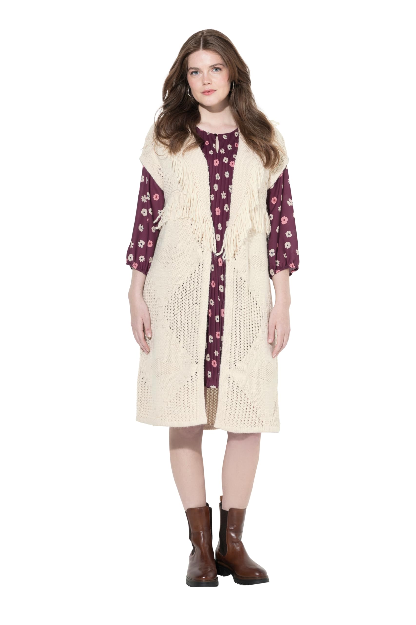 Ulla Popken Damen große Größen Übergrößen Plus Size Strickweste, lang, oversized, offene Form, Rhomben 841019