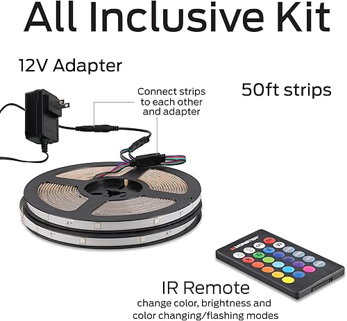 Miniatura 4 de Monster Tira de luz LED RGB de 50 pies con control remoto, 270 LED RGB, respaldo adhesivo, recubierto para protección contra la humedad, regulable,