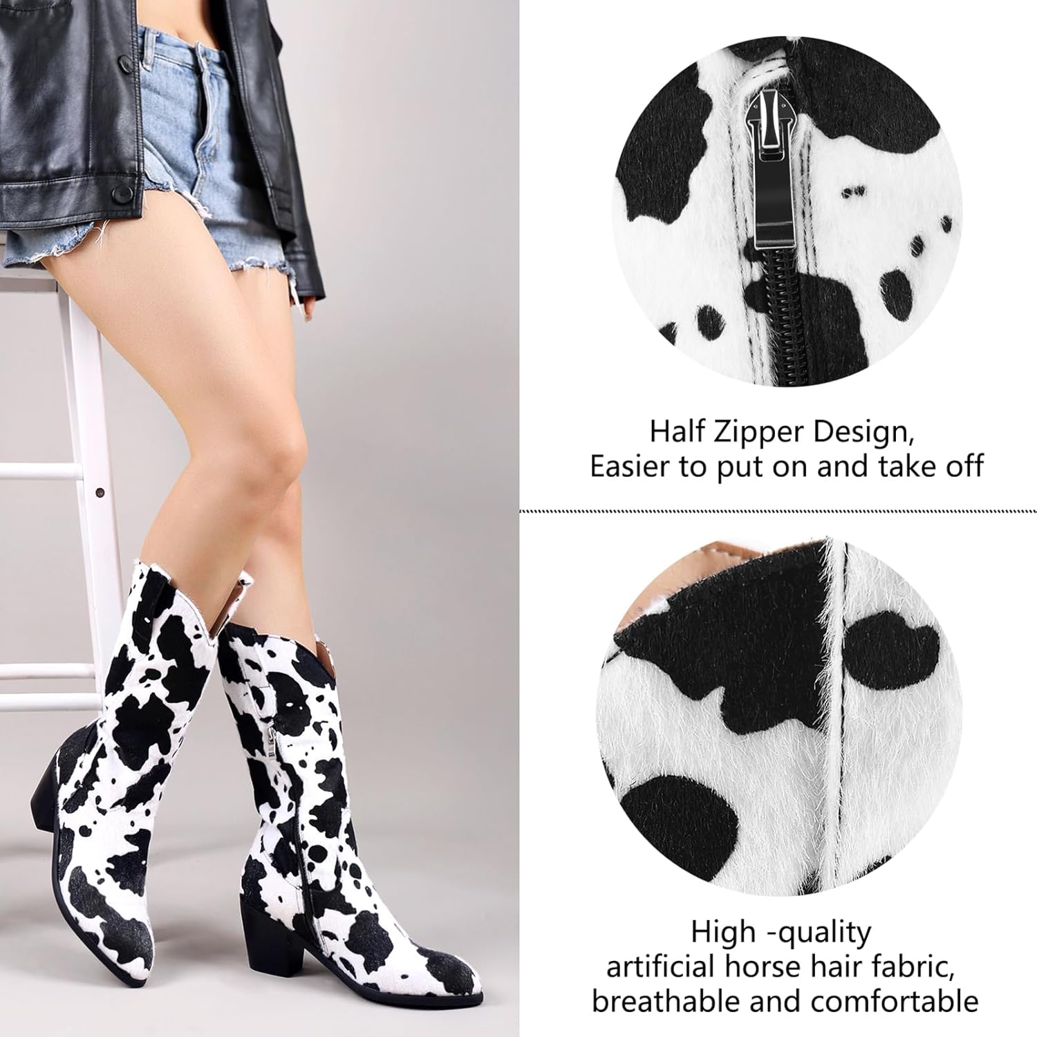 Cozivwaiy Women Mid Calf Cowboy Boots Chunky Heel Half Boot Cow Print Western Boots Plus size (US 4-12.5) - Image 4