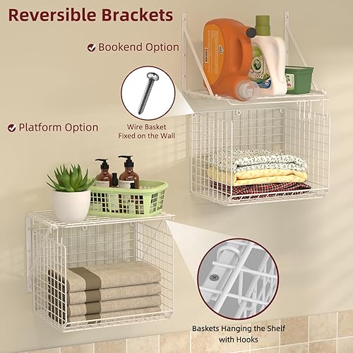 Miniatura 5 de Paquete de 2 estantes de lavandería montados en la pared con cestas de alambre, estante sobre la lavadora y secadora con estante de secado de ropa,