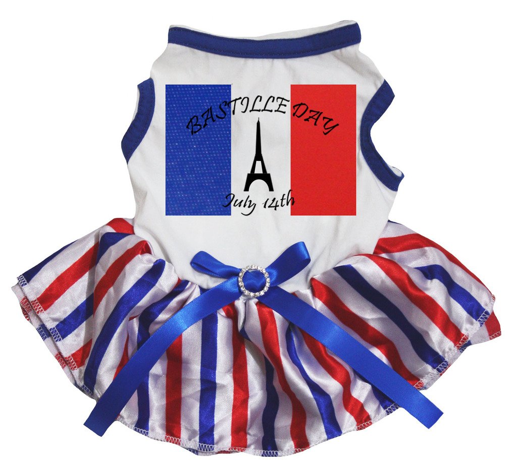 Petitebelle France Bastille Day Eiffel Tower July 14th Puppy Dog Dress (White/Stripes, X-Small)