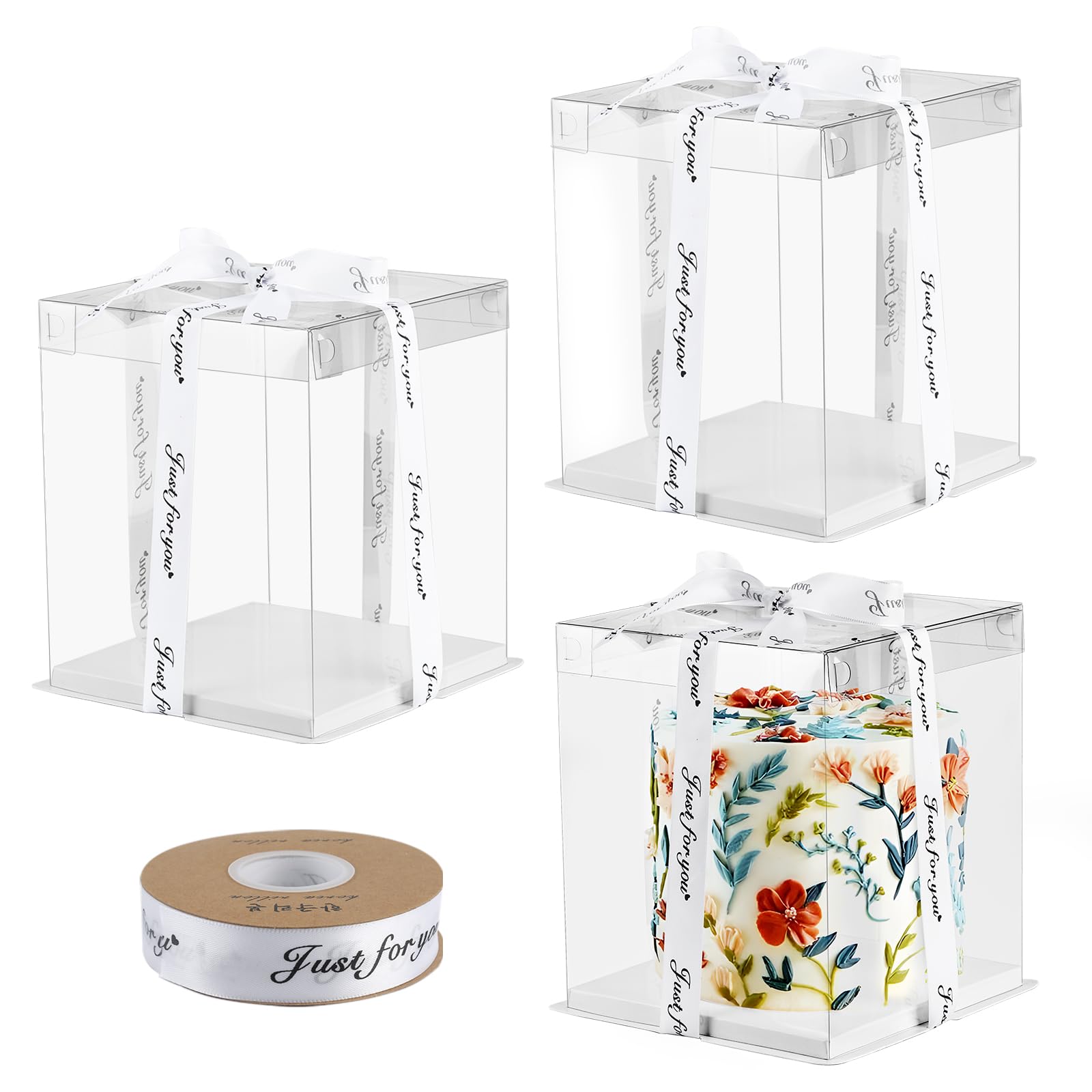 ZEFAN 3 Stück Tortenbox mit Boden und Band, 21cm*21cm*25cm Geschenkbox Durchsichtig, 6 Zoll Doppelte mit Deckel Tortenschachtel, Durchsichtige Geschenkbox für Obstkuchen, Desserts, Geschenke Küche, Haushalt & Wohnen
