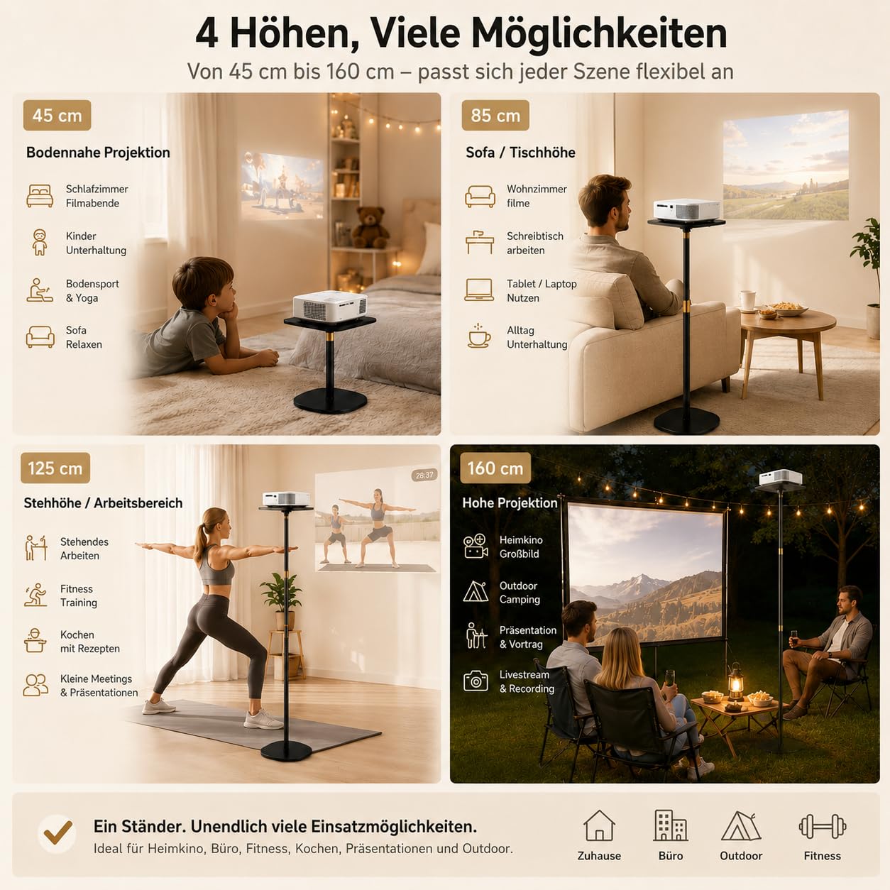 Beamer Ständer Höhenverstellbar 45 160 cm, Projector Stand aus Kohlenstoffstahl mit Schwerer Metallbasis, Beamer Halterung Bodenständer für Heimkino, Büro, Schlafzimmer und Outdoor