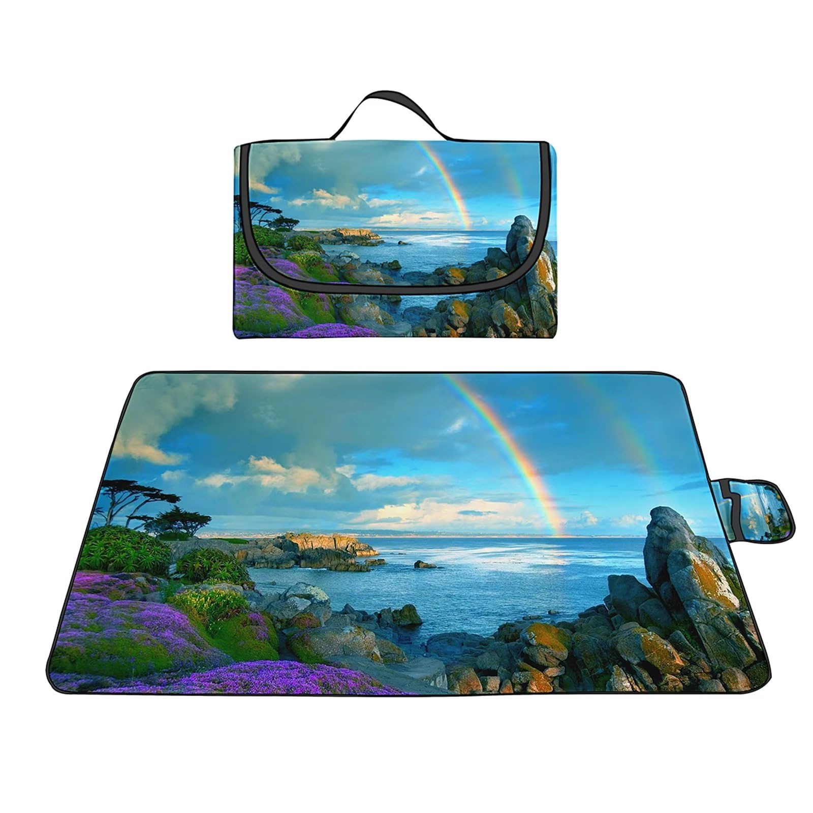Couverture Pique-Nique Imperméable 200x200cm Grand Tapis de Plage Anti Sable Couverture Plage Pliable Tapis de Picnic Léger Doux pour Famille Plage Pique-Nique Camping Paysage Fleurs Violettes