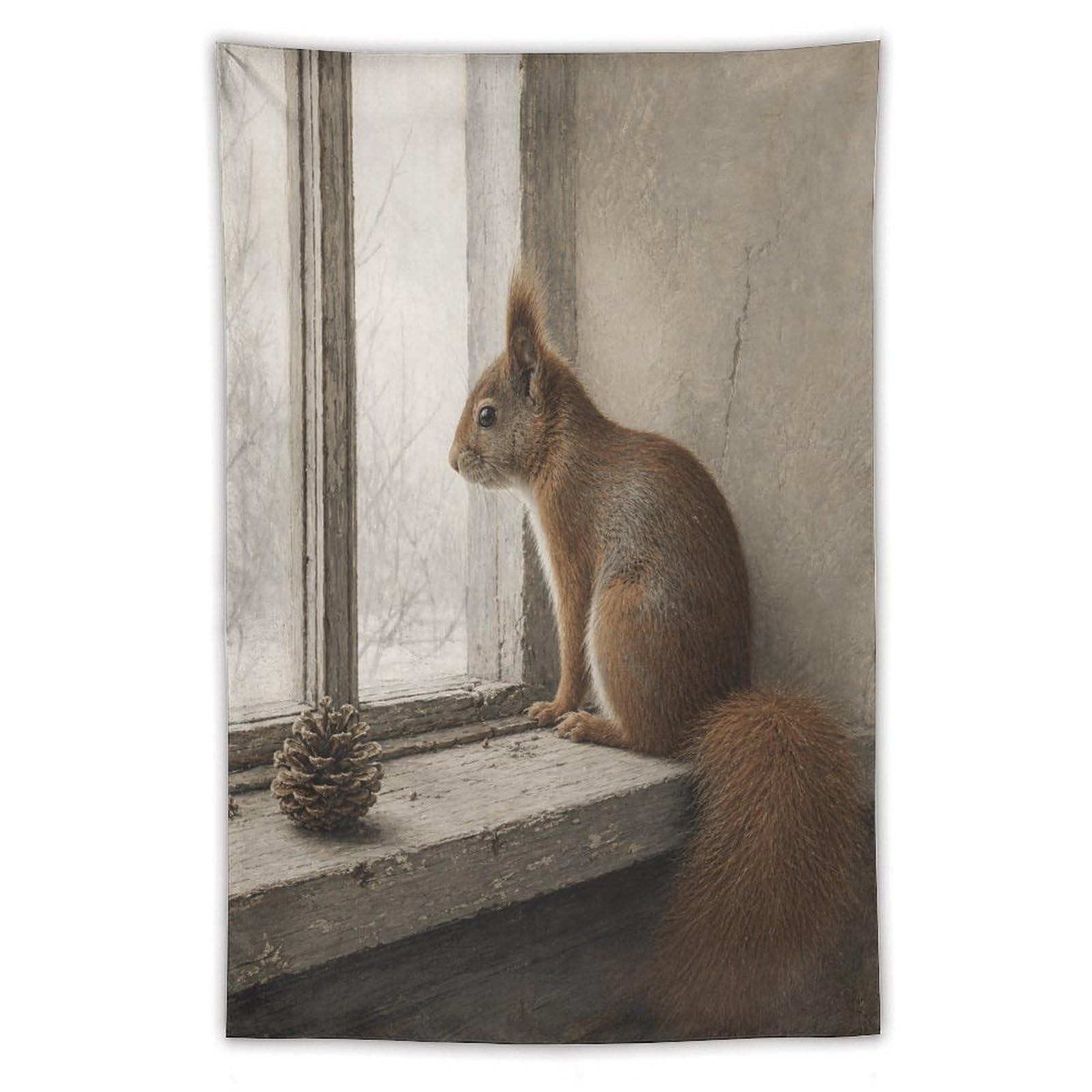 W7C8U2X3 Squirrel at Window Wall Tapestry, Realistic Illustration Style