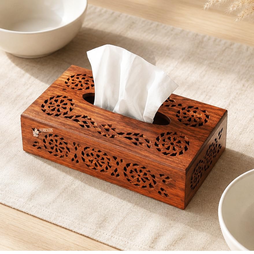 Image of Wooden Tissue Box| Rosewood Napkin Box| Tissue Holder Organizer for Table, Home, Office, Car| Rectangular Facial Paper Cloth Storage Case| Dispenser (9X5 Inches, Carvion)