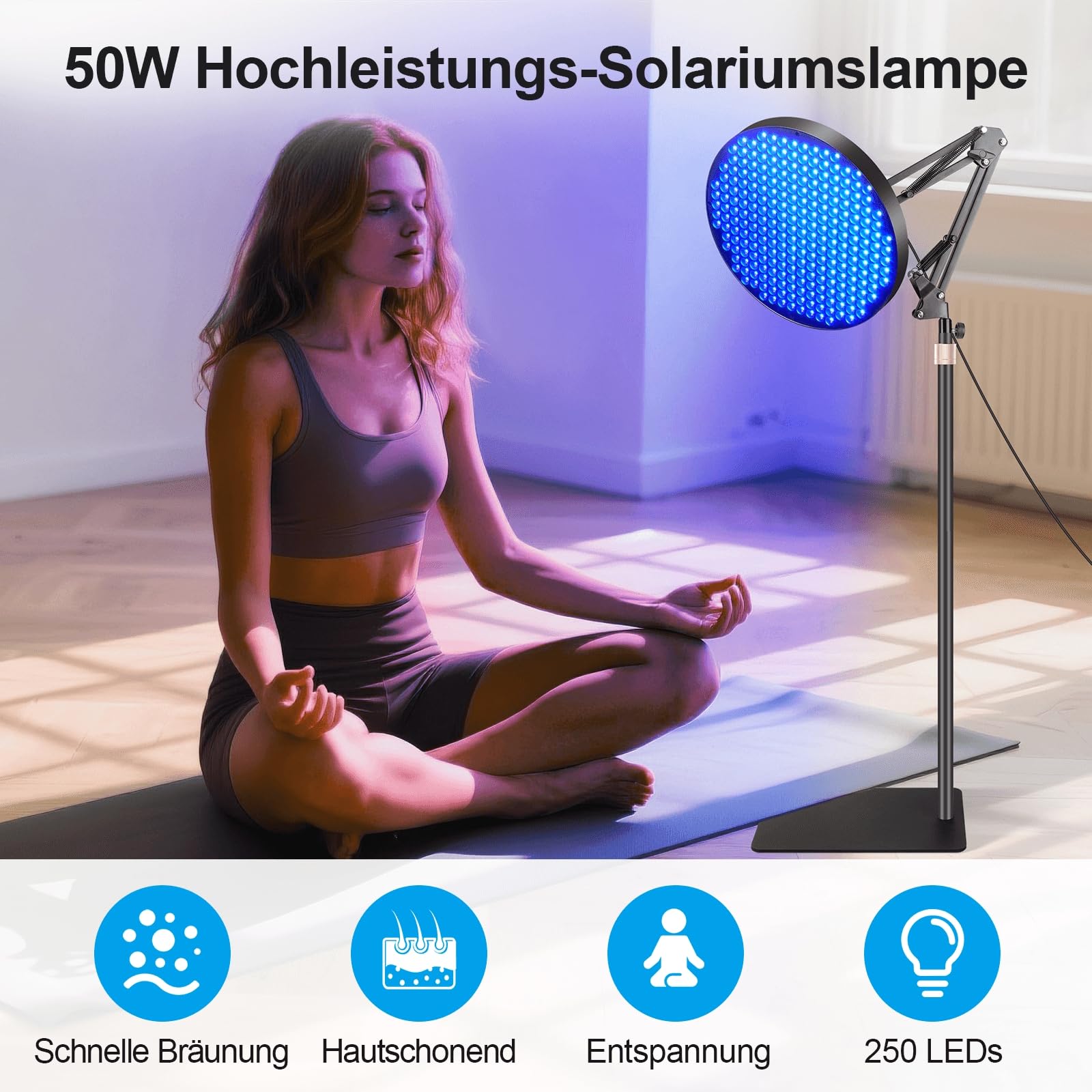 Solarium Für Zuhause, 50w Bräunungslicht Solarium 250 Leds Blaues Licht Gesichtsbräunungslampe, Sonnenlampe Für Gesicht Und Körper mit Verstellbarem Ständer & Sonnenbrille - Blau