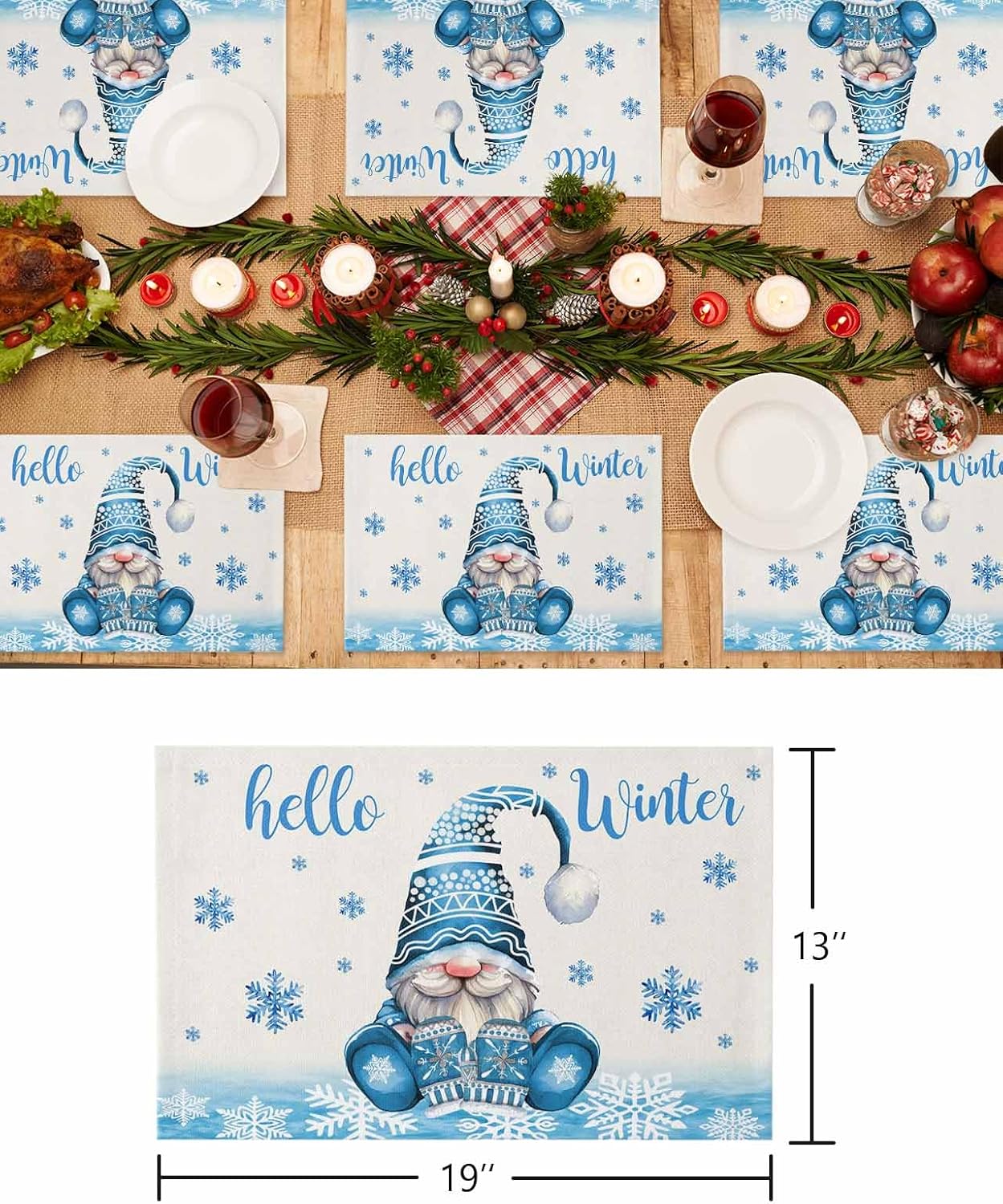 Christmas Placemats Blue Gnome Snowflake Non-Slip Place Mats for Dining Room Dinner Table Hello Winter Washable Table Mats Kitchen Dining Decorations Set of 6