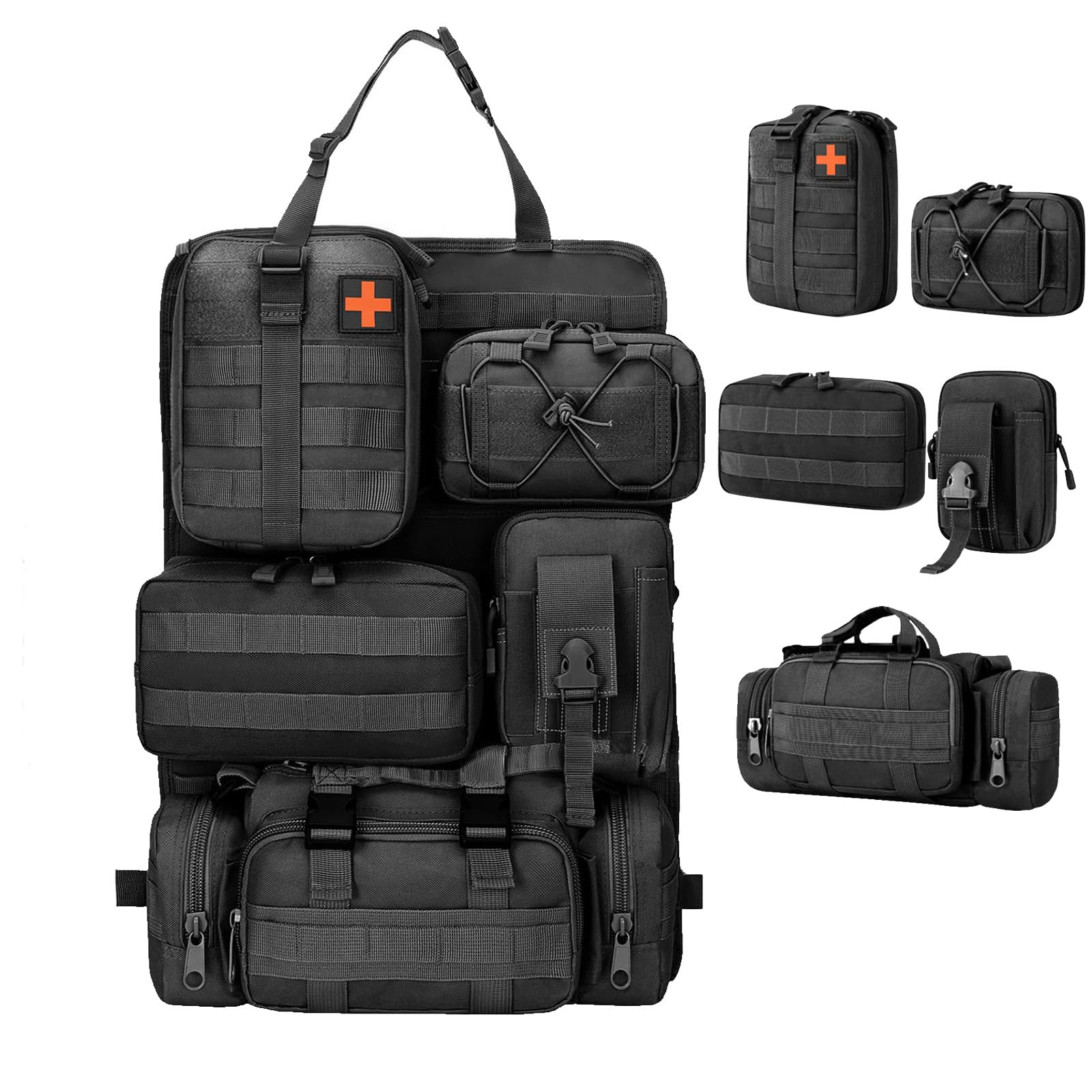 Organizer Tattico per Sedile Auto con 5 Tasche Rimovibili | Nylon 900D, Per Auto e Camion, Cinghie Regolabili, Adattabile a Sedili Anteriori/Posteriori, 45x35x8cm, Nero